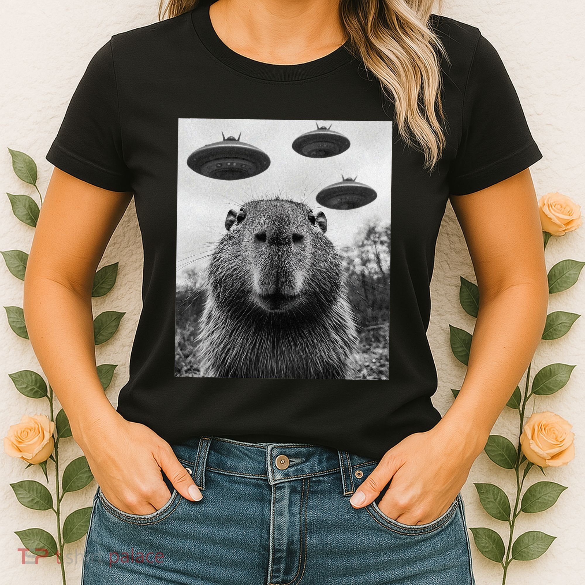 Capybara Selfie With Ufos Funny Graphic Women's T-Shirt