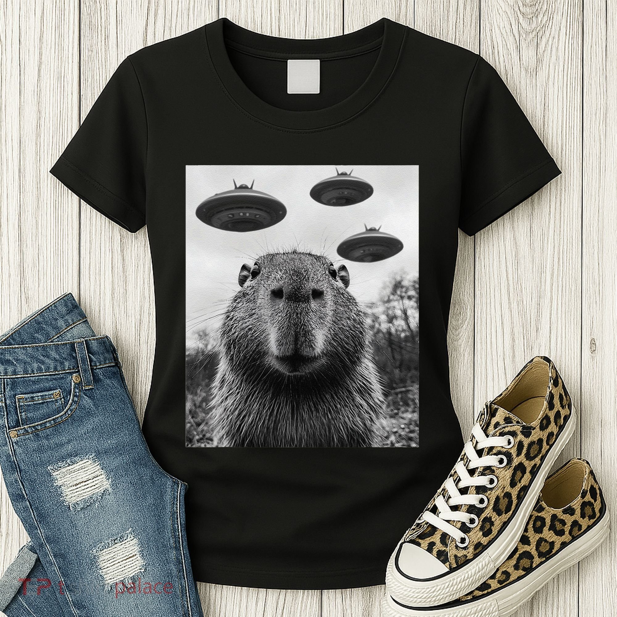 Capybara Selfie With Ufos Funny Graphic Women's T-Shirt