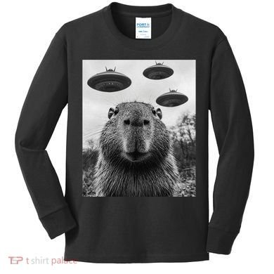 Capybara Selfie With Ufos Funny Graphic Kids Long Sleeve Shirt