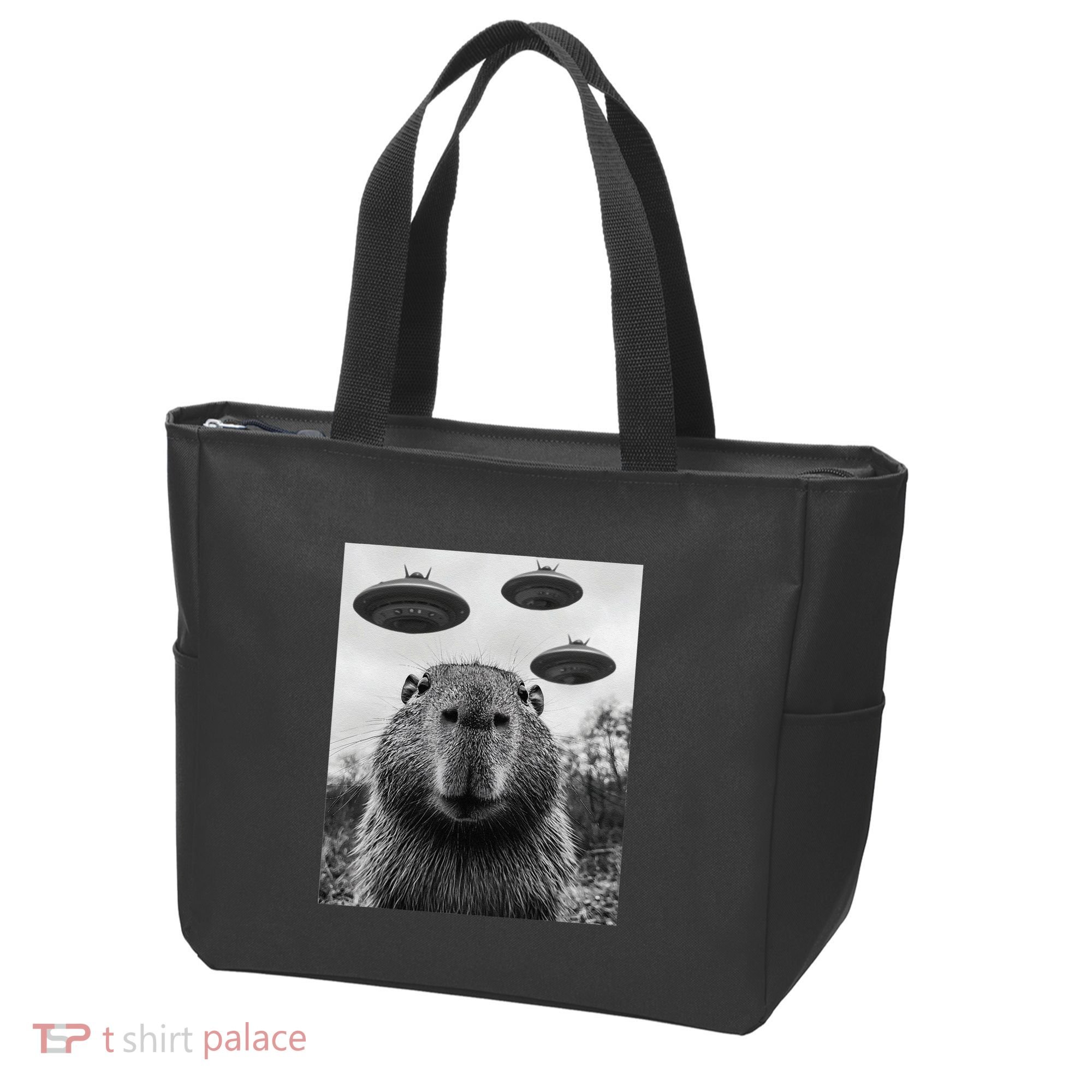 Capybara Selfie With Ufos Funny Graphic Tote Bag