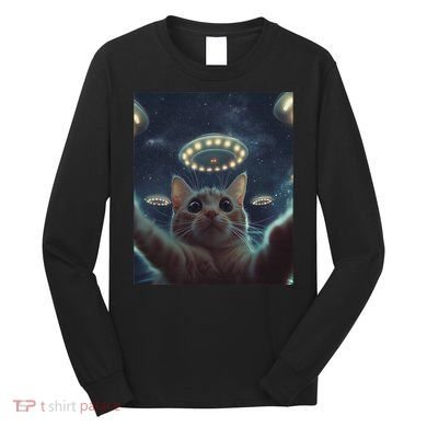 Cat Selfie With Ufos Aliens Kitten Funny Graphic Long Sleeve Shirt