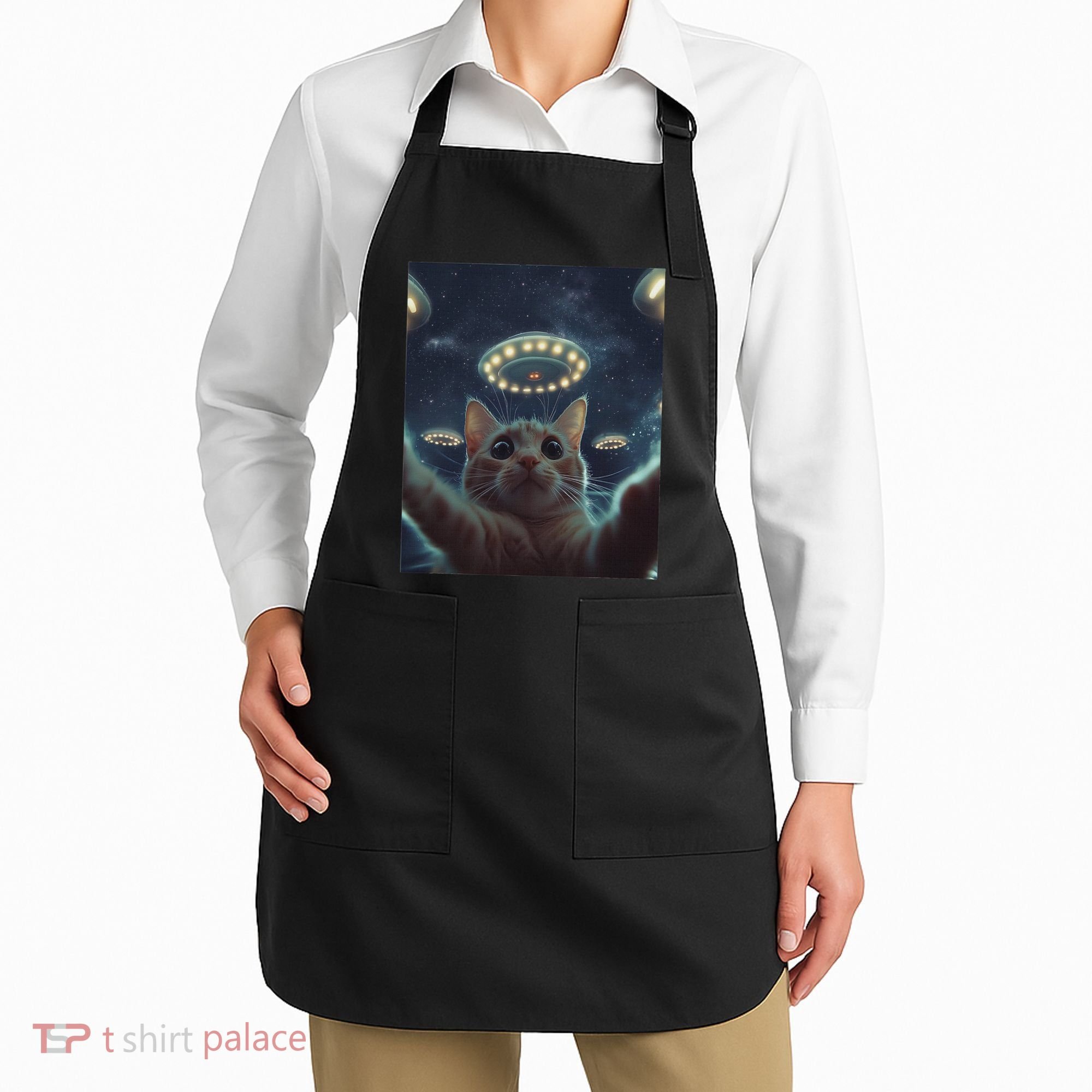 Cat Selfie With Ufos Aliens Kitten Funny Graphic Apron