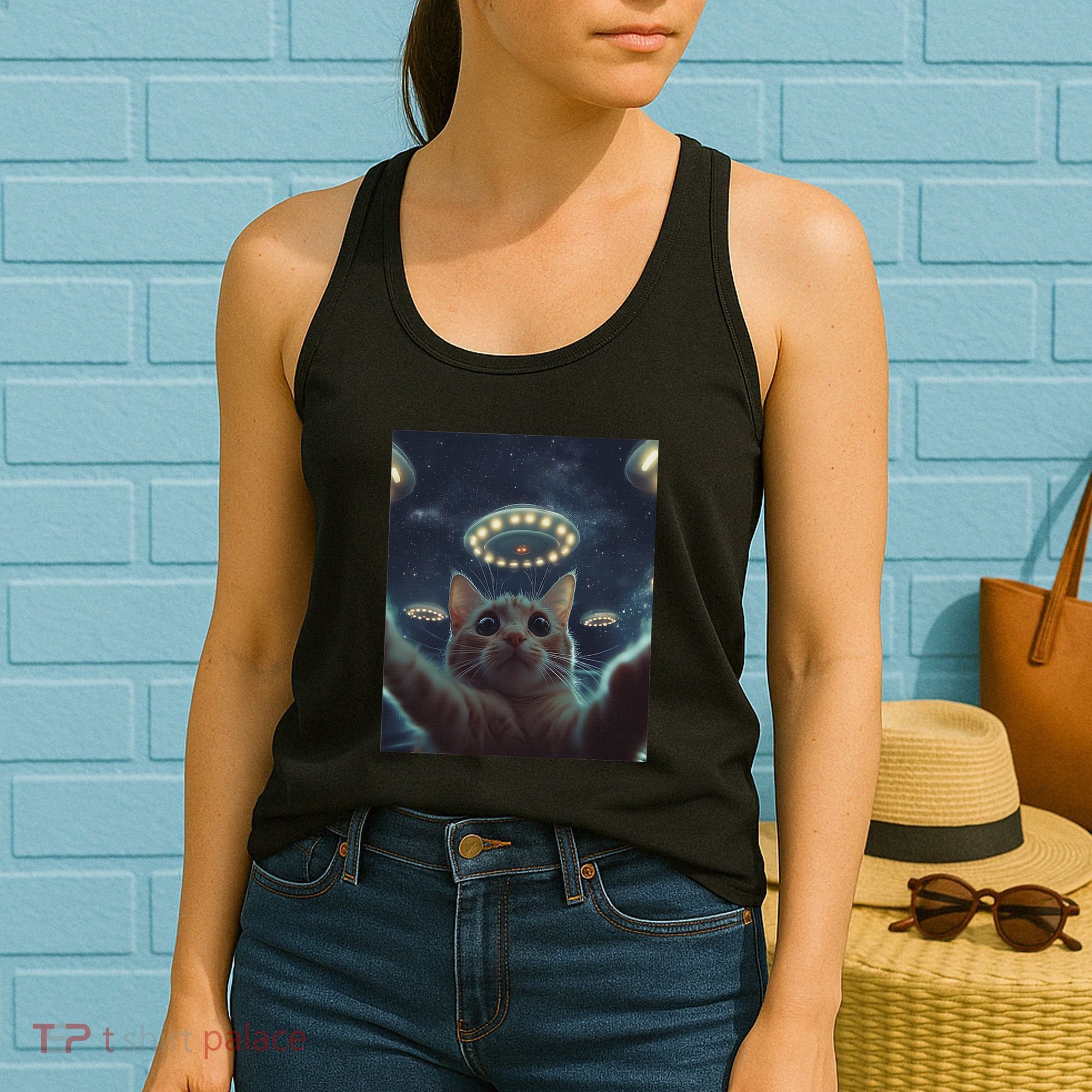 Cat Selfie With Ufos Aliens Kitten Funny Graphic Women's Tank Top