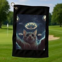 Cat Selfie With Ufos Aliens Kitten Funny Graphic Golf Towel thumb 1