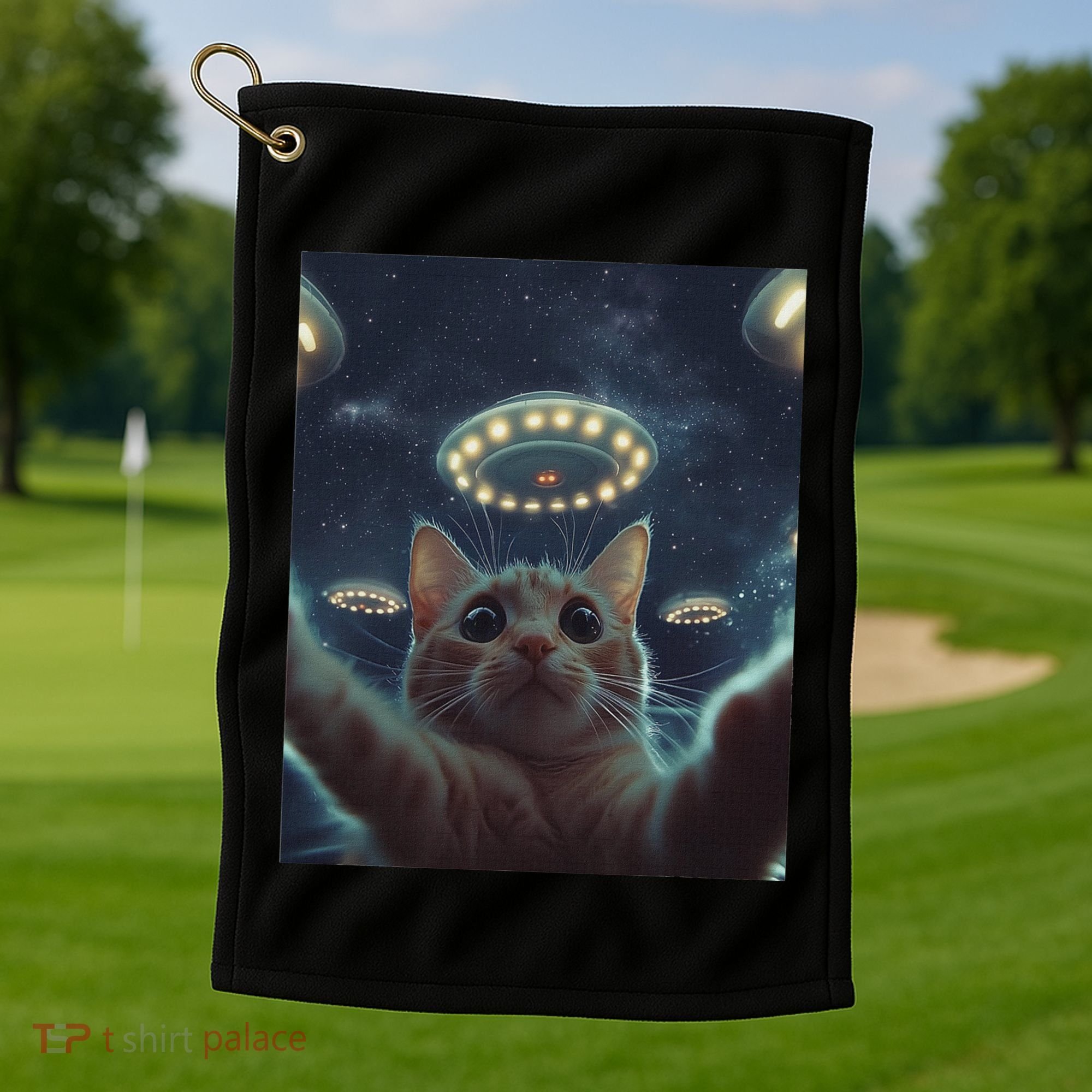Cat Selfie With Ufos Aliens Kitten Funny Graphic Golf Towel