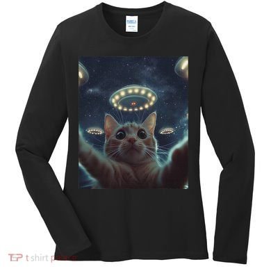 Cat Selfie With Ufos Aliens Kitten Funny Graphic Women's Long Sleeve Shirt
