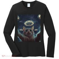 Cat Selfie With Ufos Aliens Kitten Funny Graphic Women's Long Sleeve Shirt thumb 0