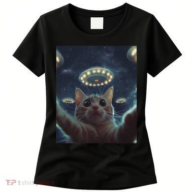 Cat Selfie With Ufos Aliens Kitten Funny Graphic Women's T-Shirt