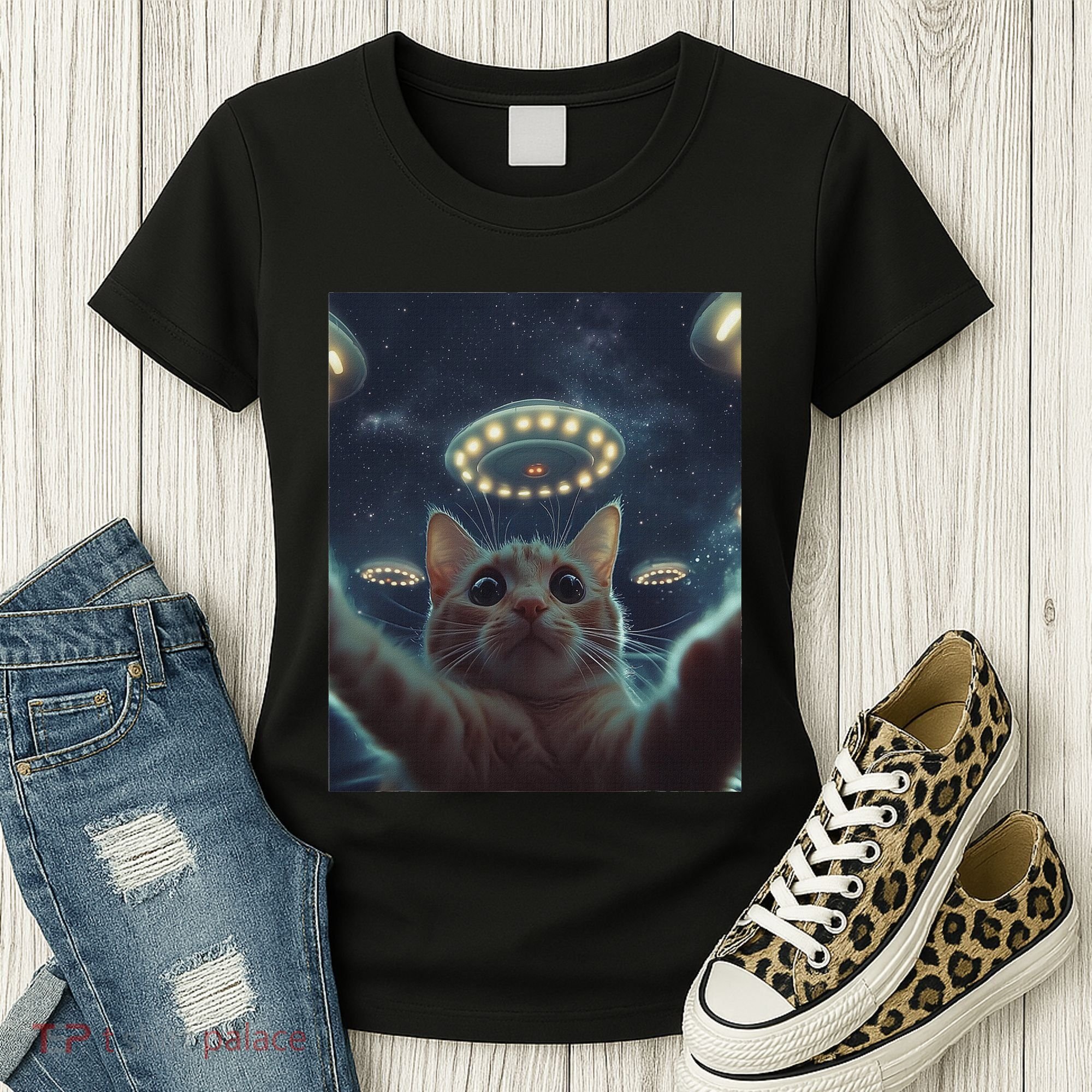 Cat Selfie With Ufos Aliens Kitten Funny Graphic Women's T-Shirt