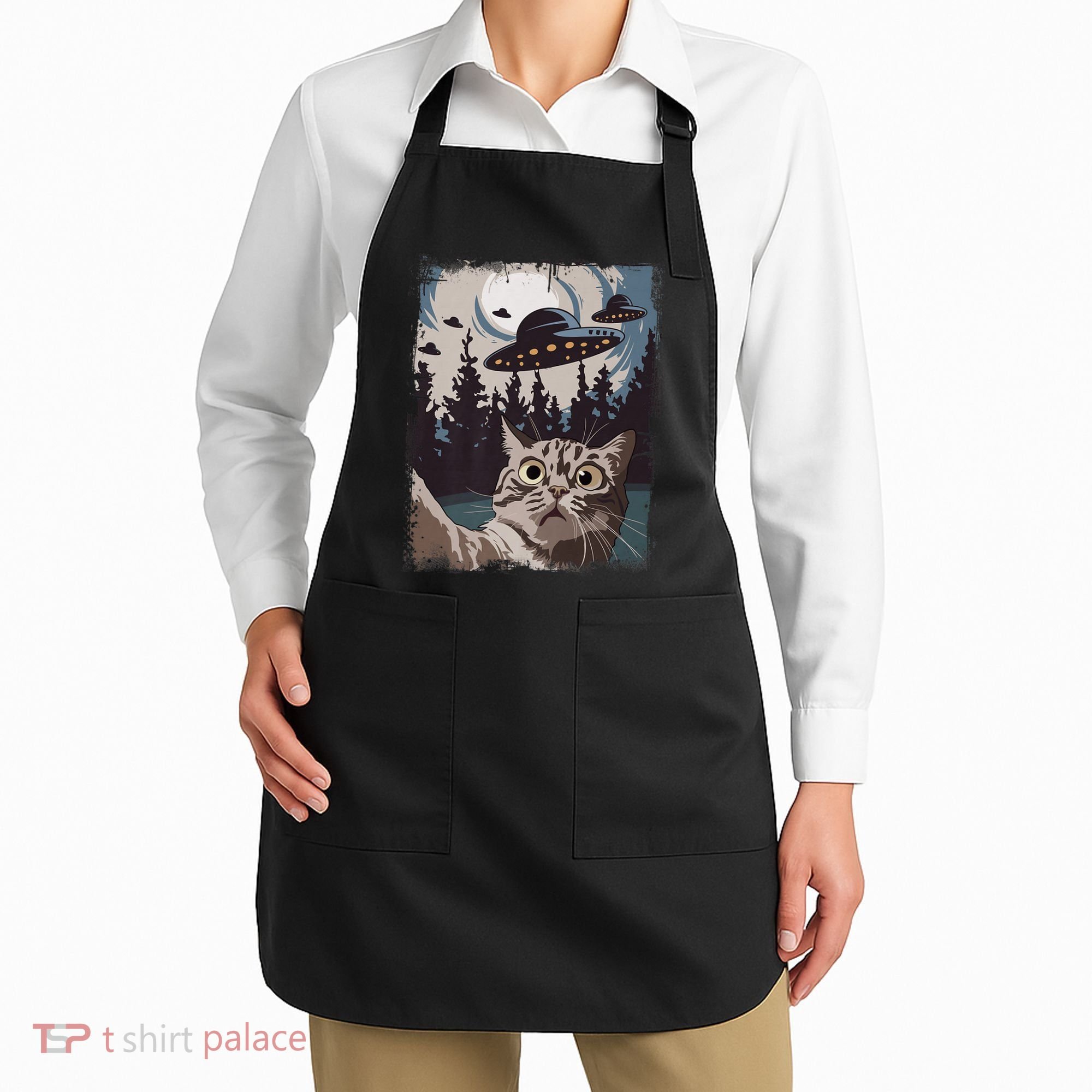 Cat Selfie With Ufo Alien Funny Cat Graphic Apron