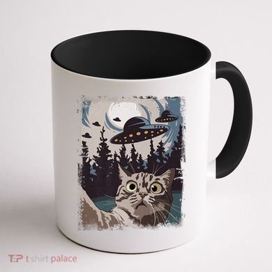 Cat Selfie With Ufo Alien Funny Cat Graphic Coffee Mug back