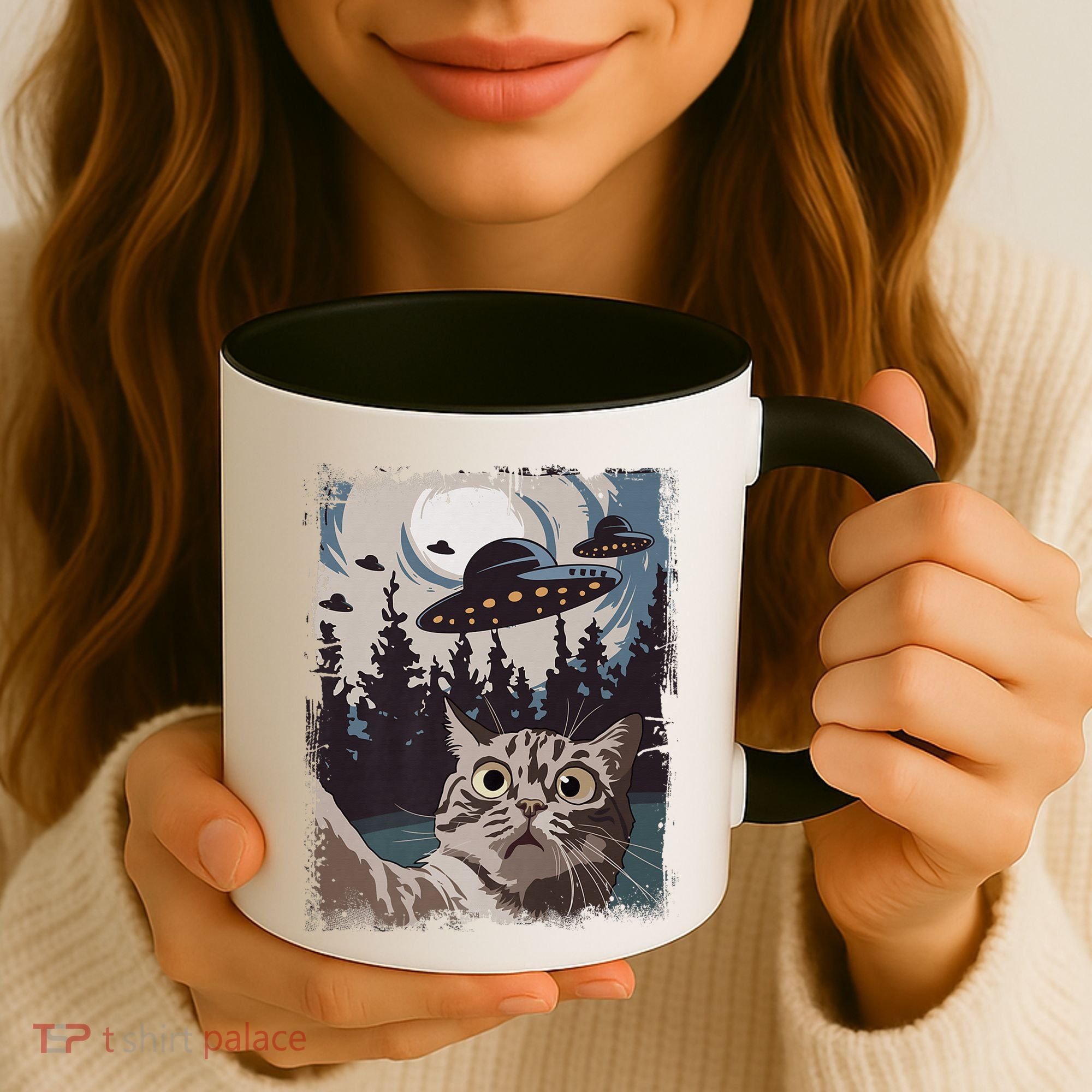 Cat Selfie With Ufo Alien Funny Cat Graphic Coffee Mug