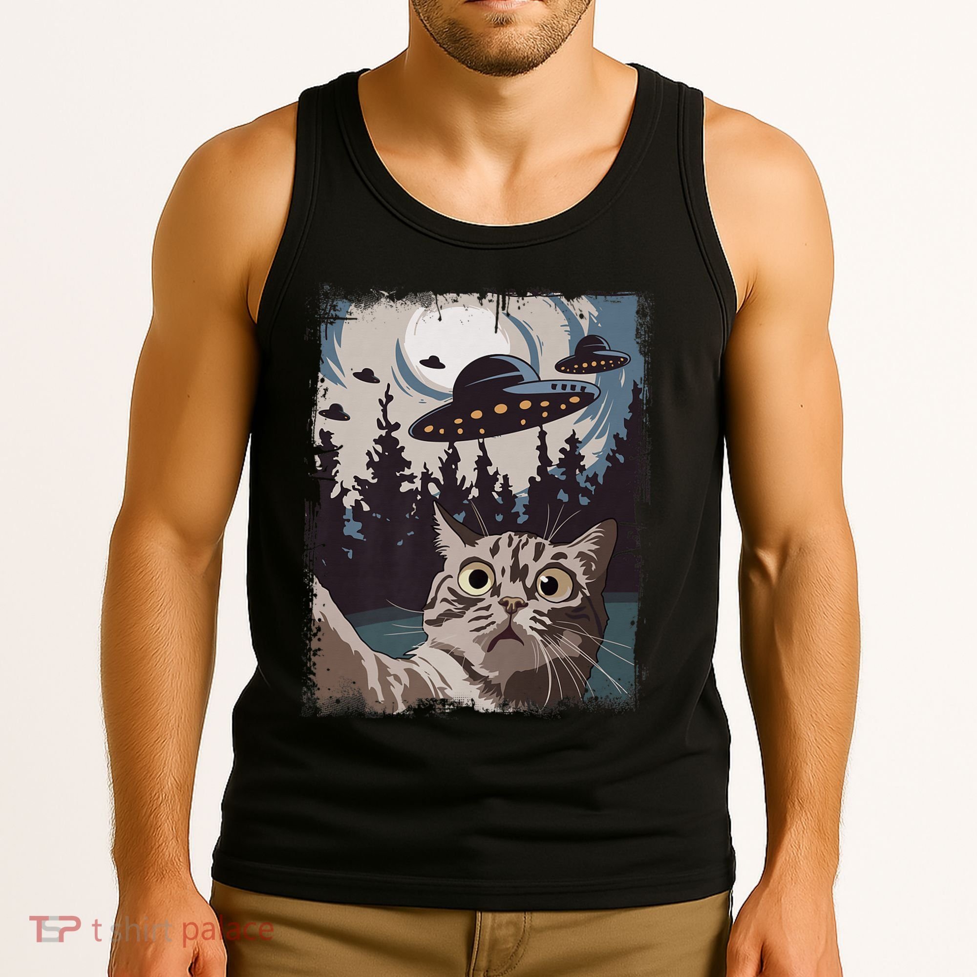 Cat Selfie With Ufo Alien Funny Cat Graphic Tank Top