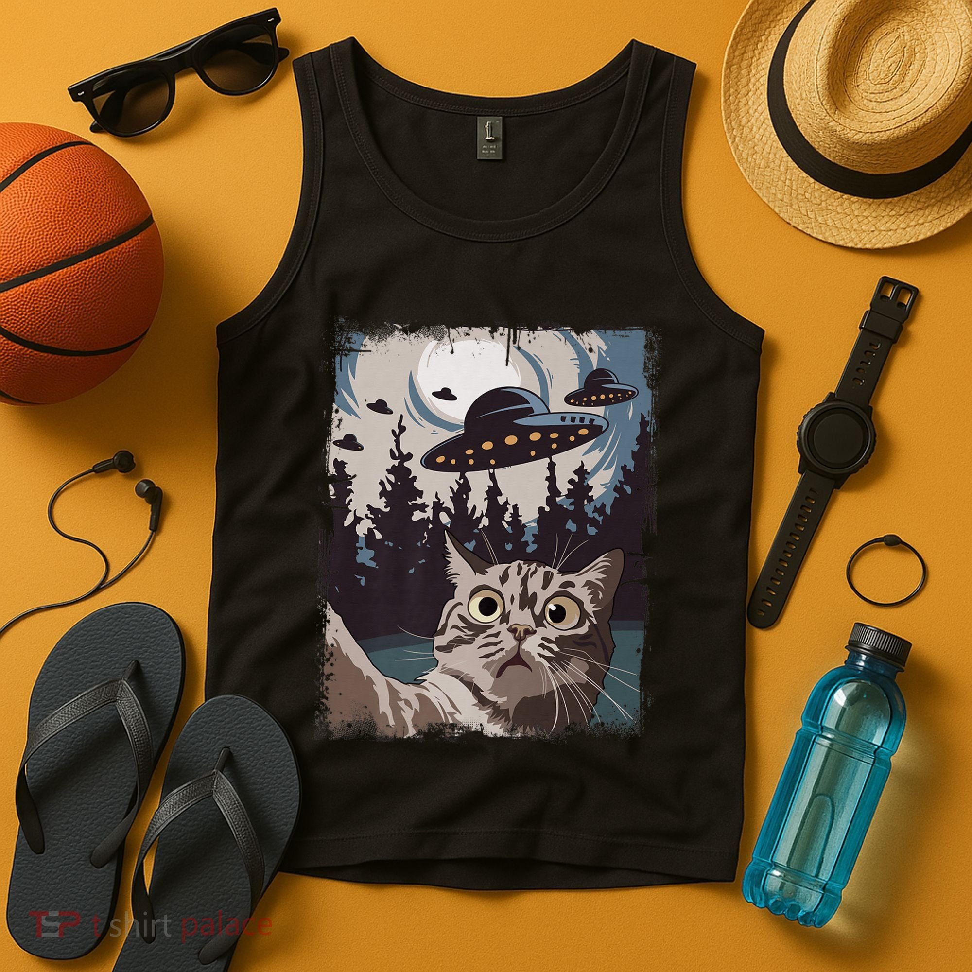 Cat Selfie With Ufo Alien Funny Cat Graphic Tank Top