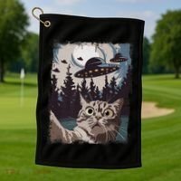 Cat Selfie With Ufo Alien Funny Cat Graphic Golf Towel thumb 1