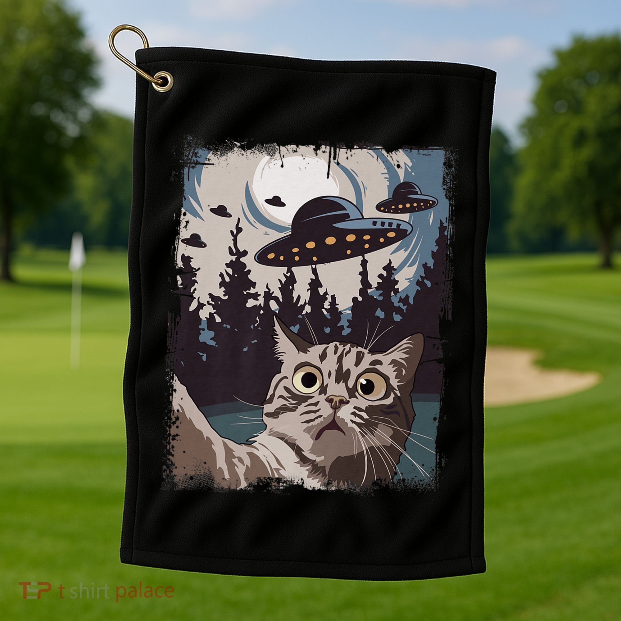 Cat Selfie With Ufo Alien Funny Cat Graphic Golf Towel