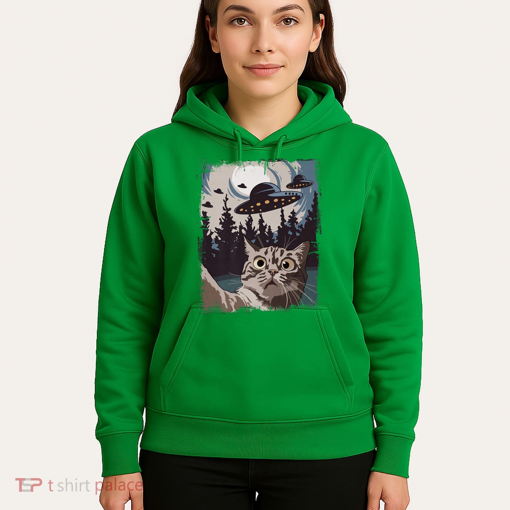 Cat Selfie With Ufo Alien Funny Cat Graphic Hoodie