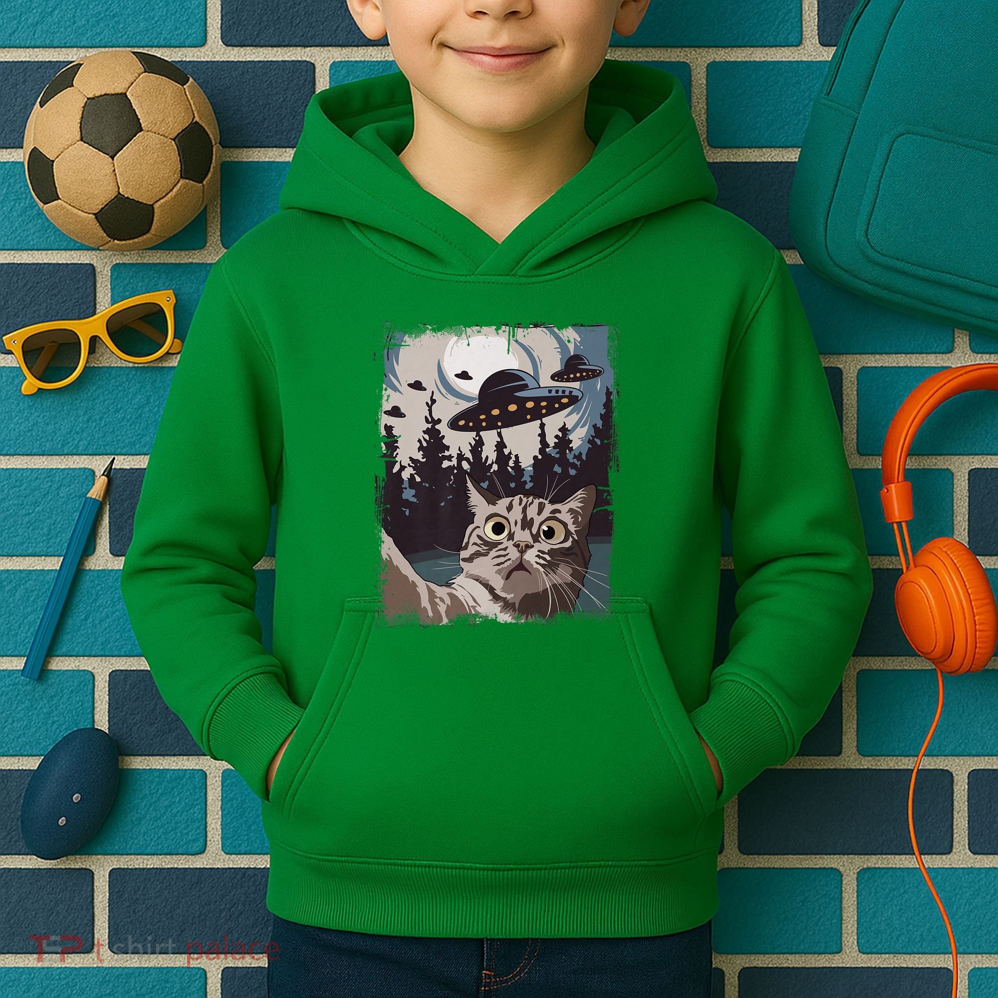 Cat Selfie With Ufo Alien Funny Cat Graphic Kids Hoodie