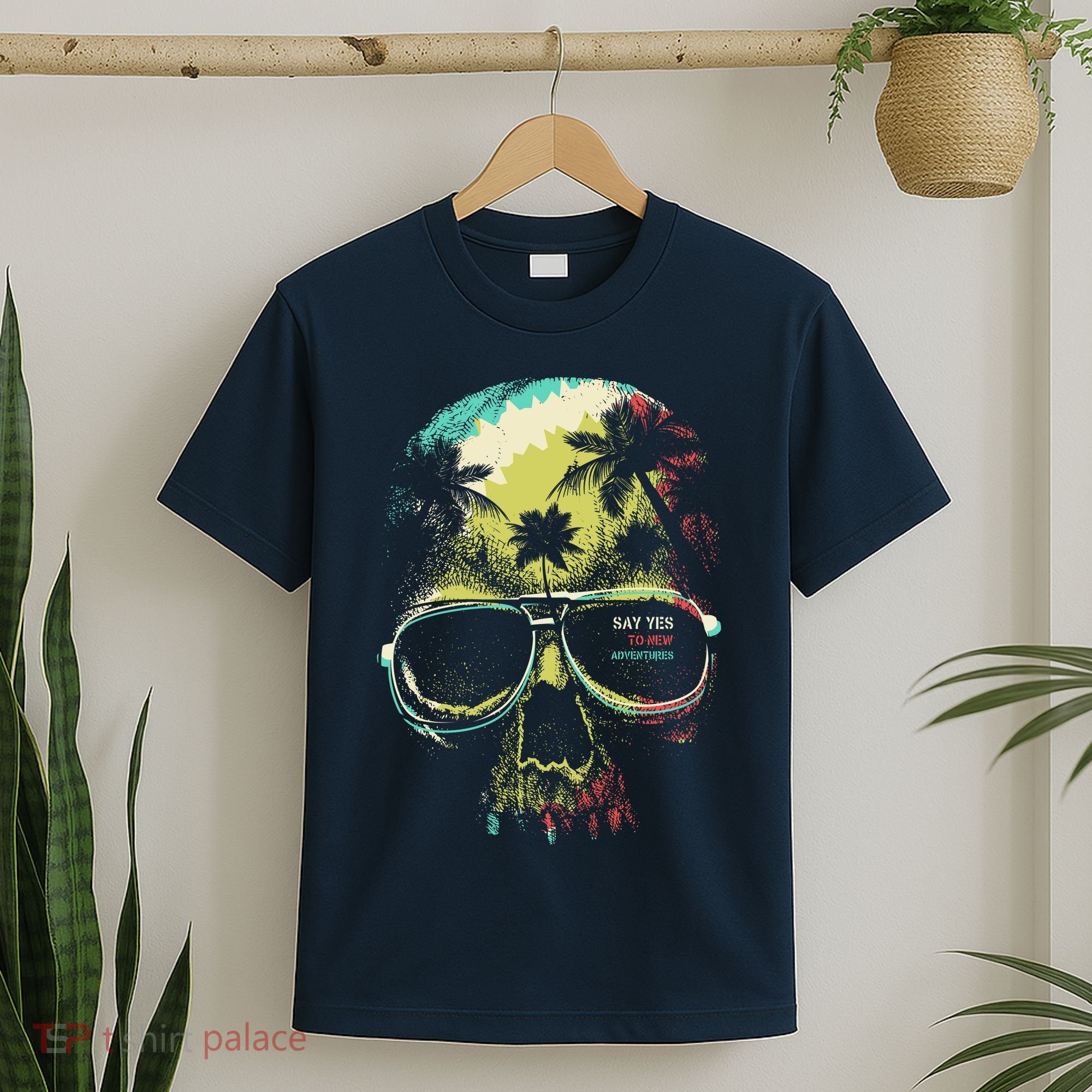 Cool Say Yes To New Adventures Tropical Grunge Skull T-Shirt