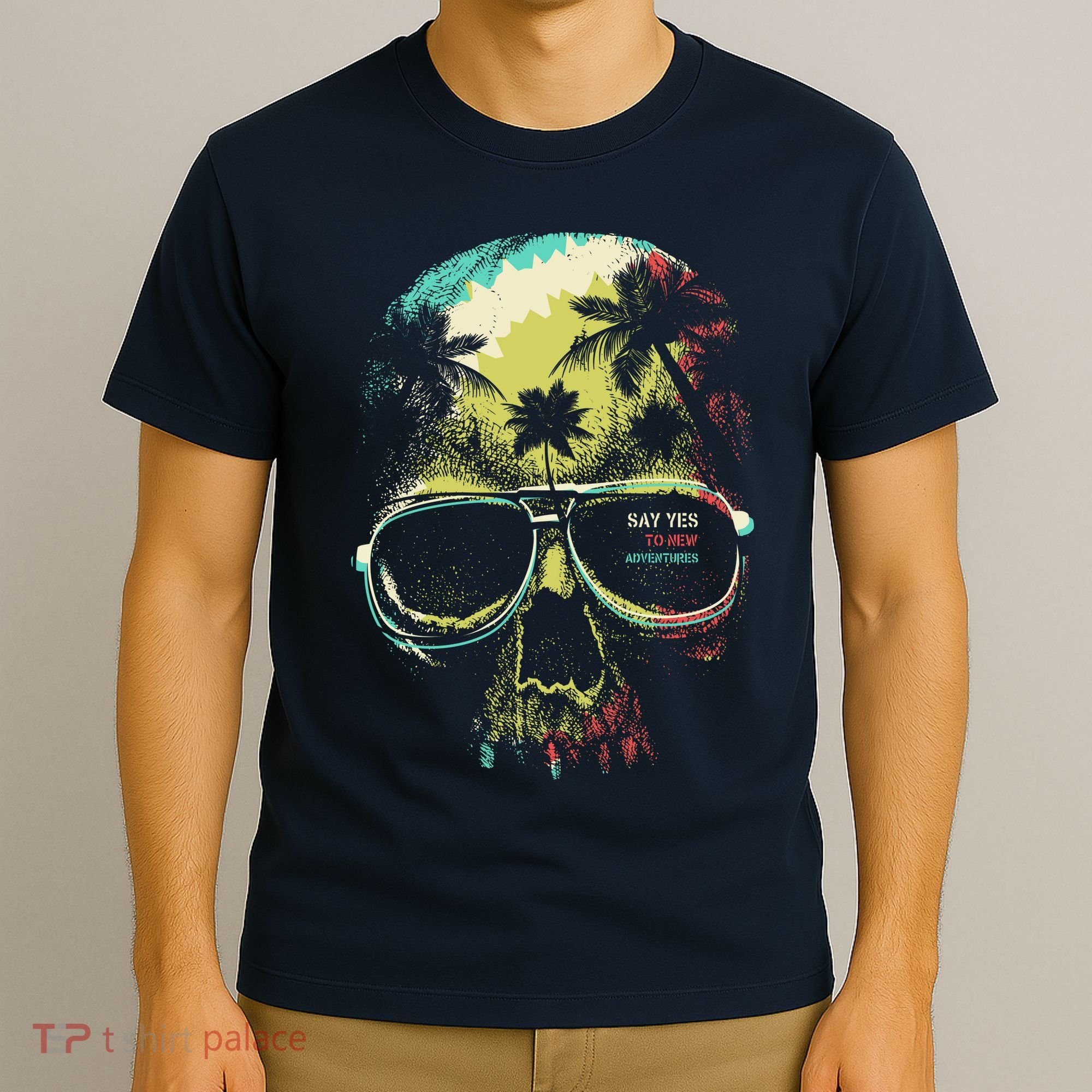 Cool Say Yes To New Adventures Tropical Grunge Skull T-Shirt