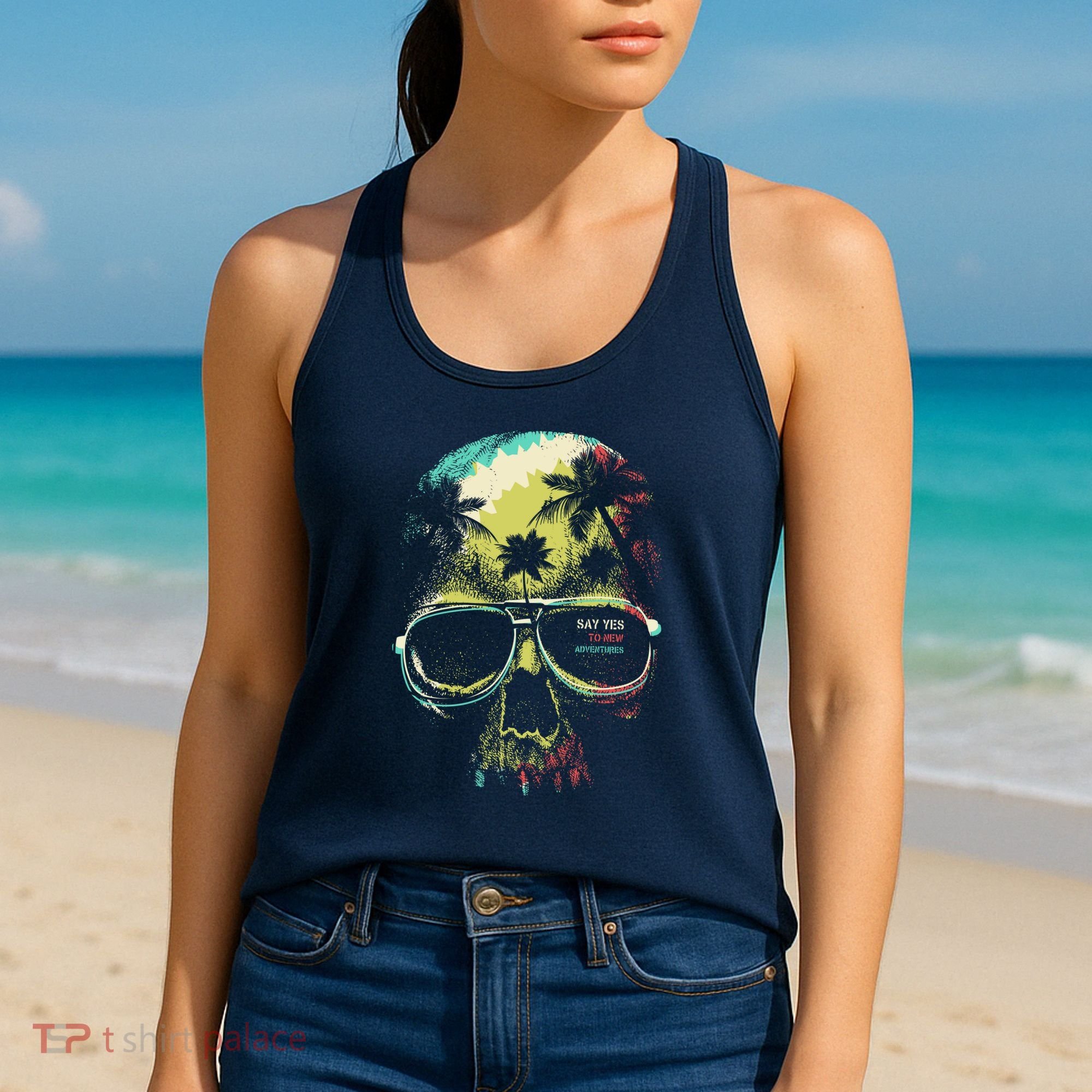 Cool Say Yes To New Adventures Tropical Grunge Skull Women's Tank Top