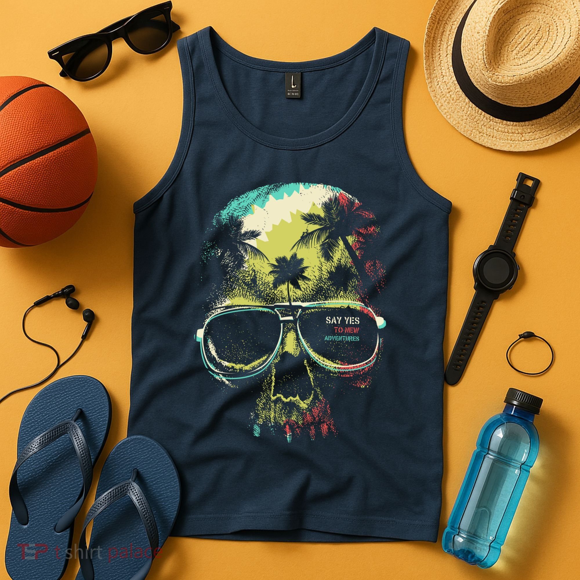 Cool Say Yes To New Adventures Tropical Grunge Skull Tank Top