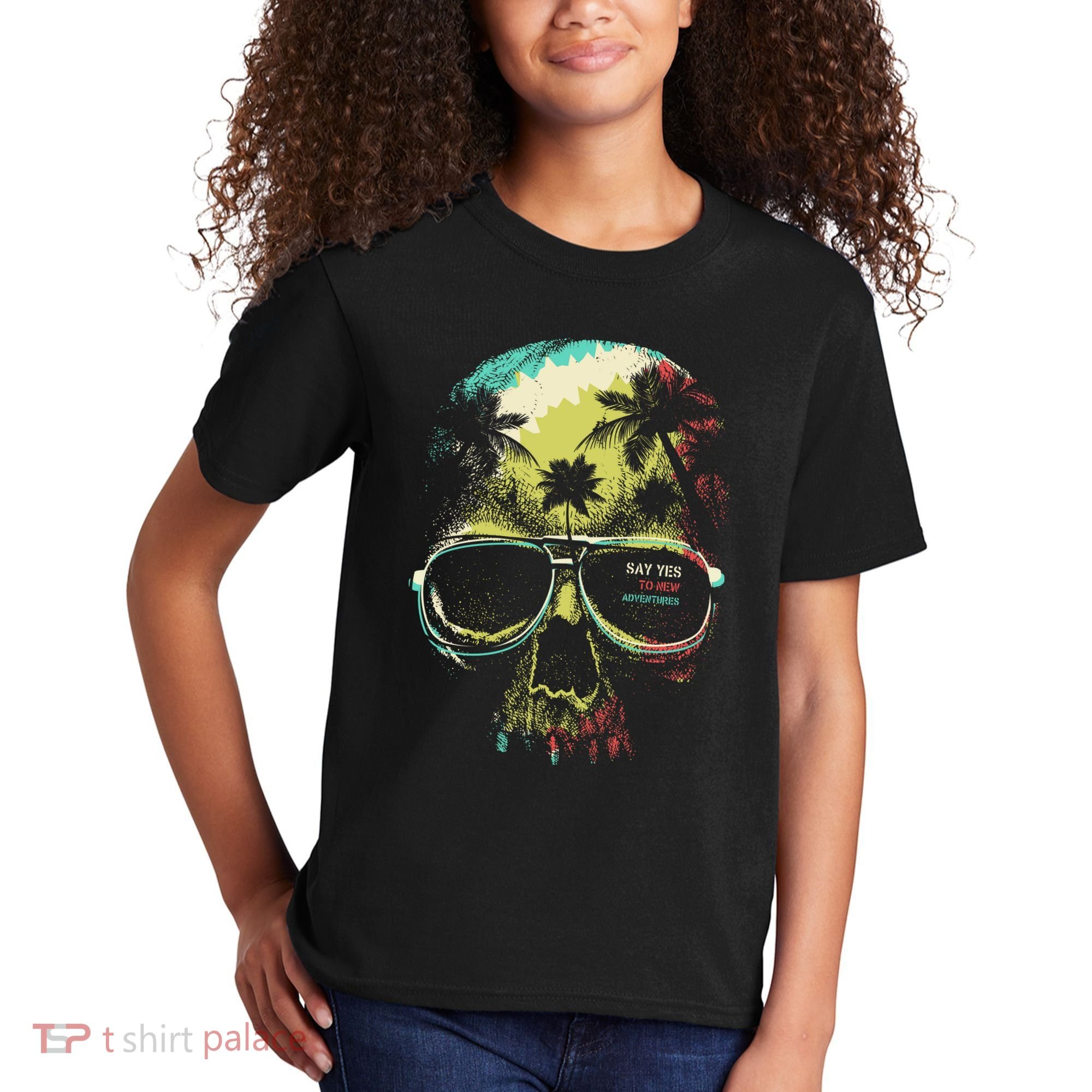 Cool Say Yes To New Adventures Tropical Grunge Skull Kids T-Shirt