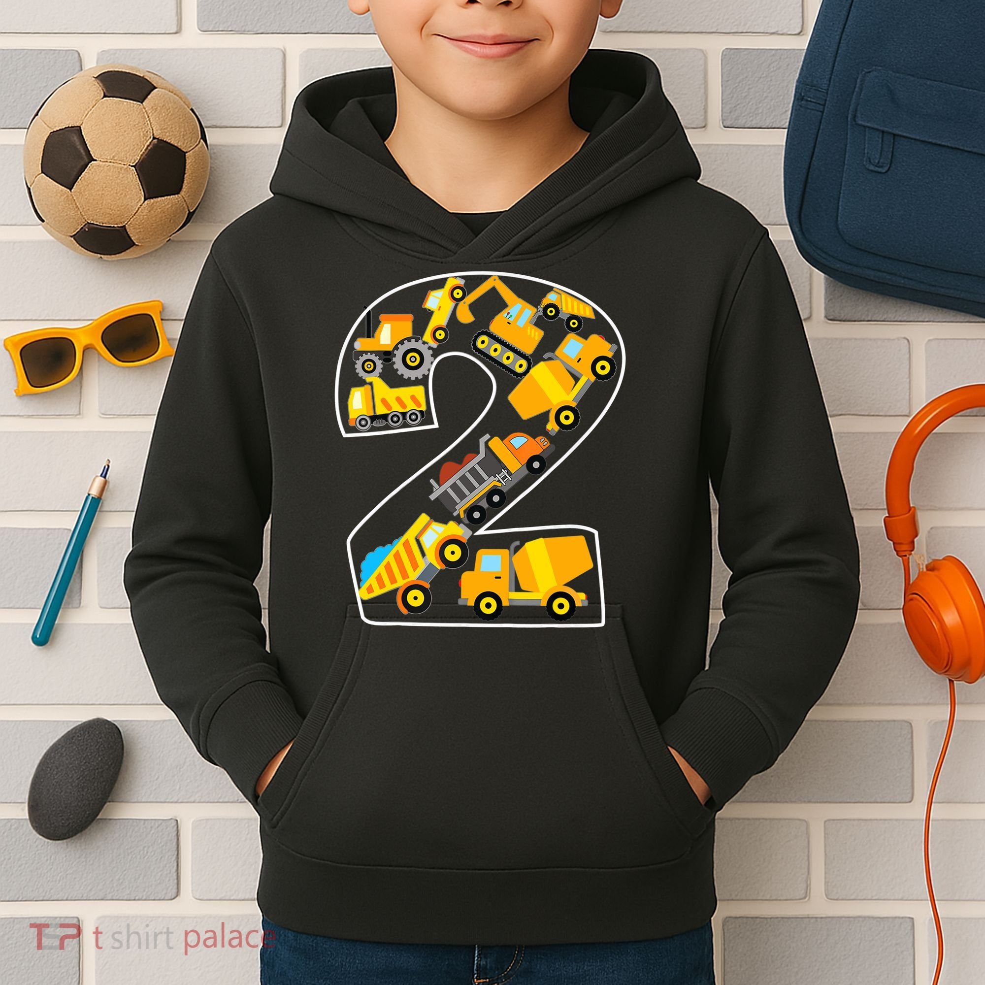 Construction Truck 2nd Birthday 2 Years Old Digger Builder Kids Hoodie