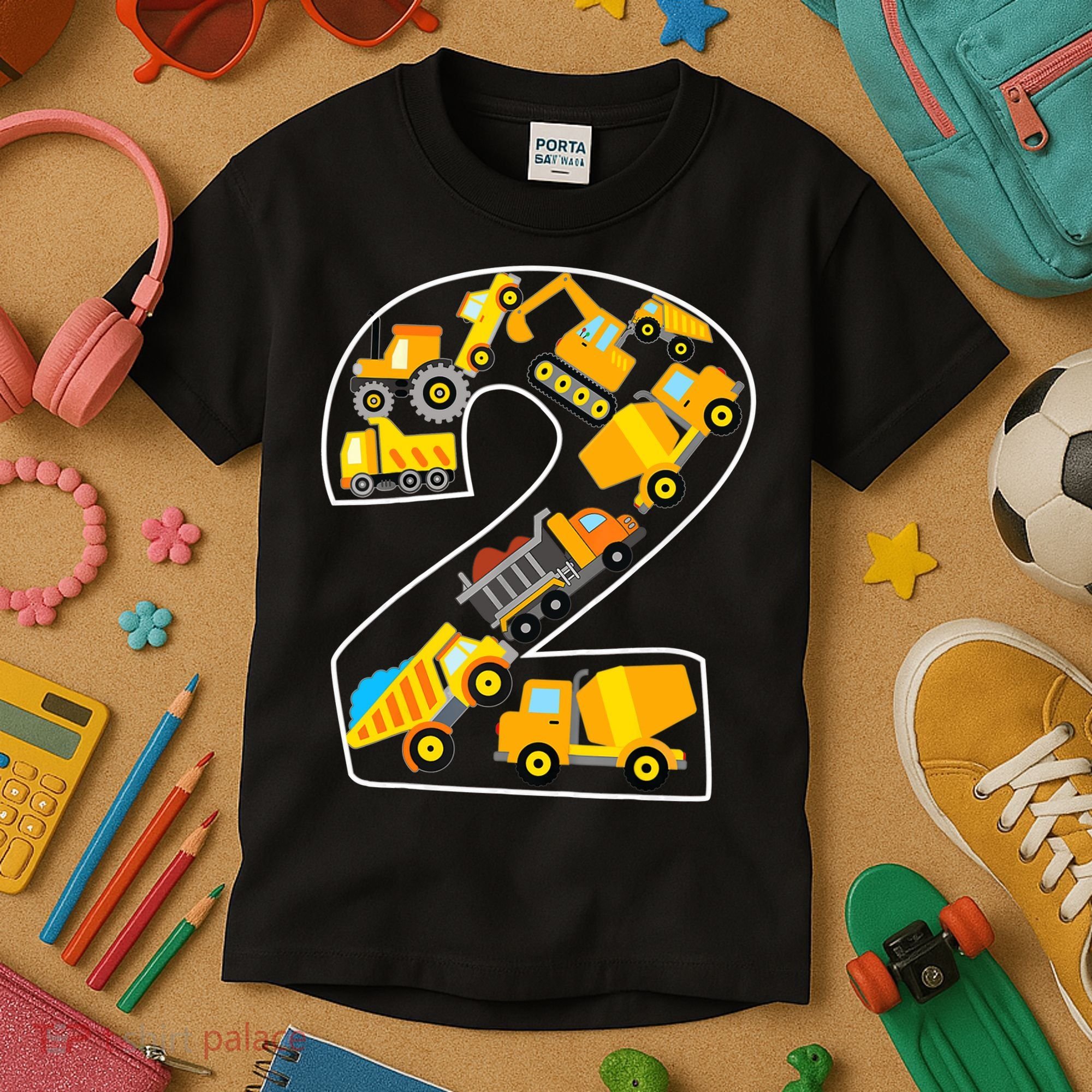 Construction Truck 2nd Birthday 2 Years Old Digger Builder Kids T-Shirt
