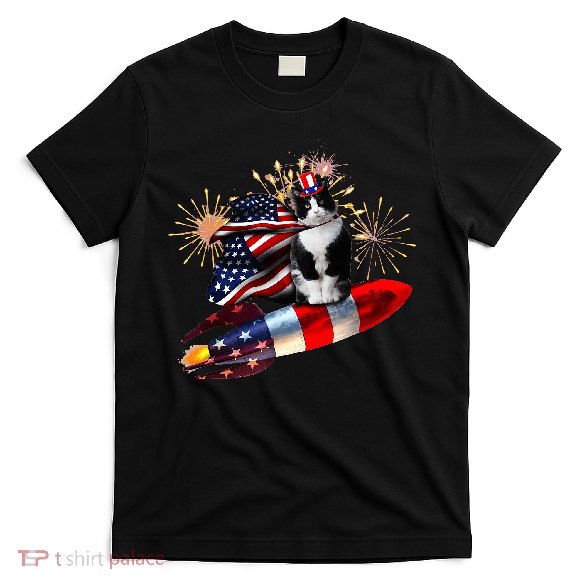Cat Tuxedo 4th Of July Rocket With Fireworks USA Patriotic T-Shirt