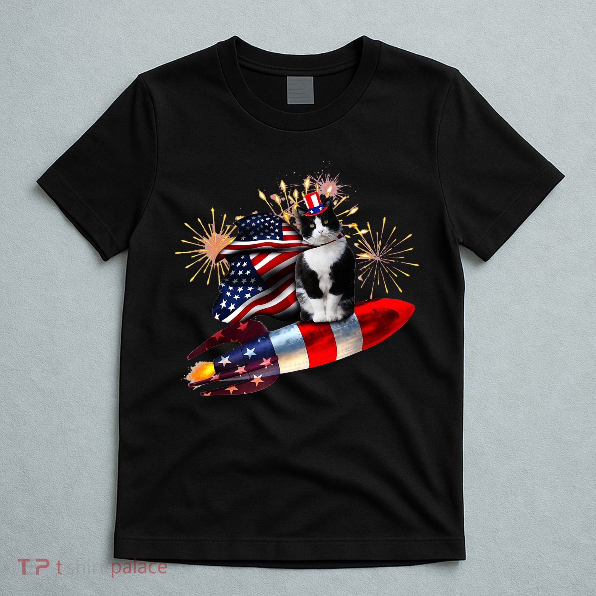 Cat Tuxedo 4th Of July Rocket With Fireworks USA Patriotic T-Shirt