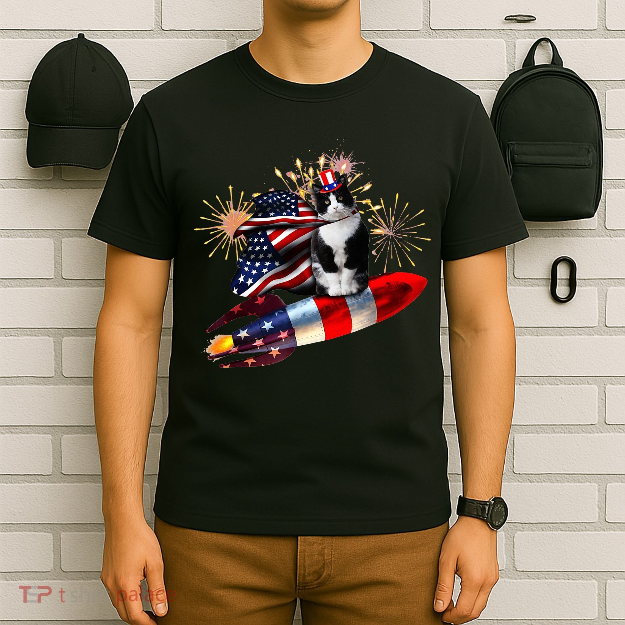 Cat Tuxedo 4th Of July Rocket With Fireworks USA Patriotic T-Shirt