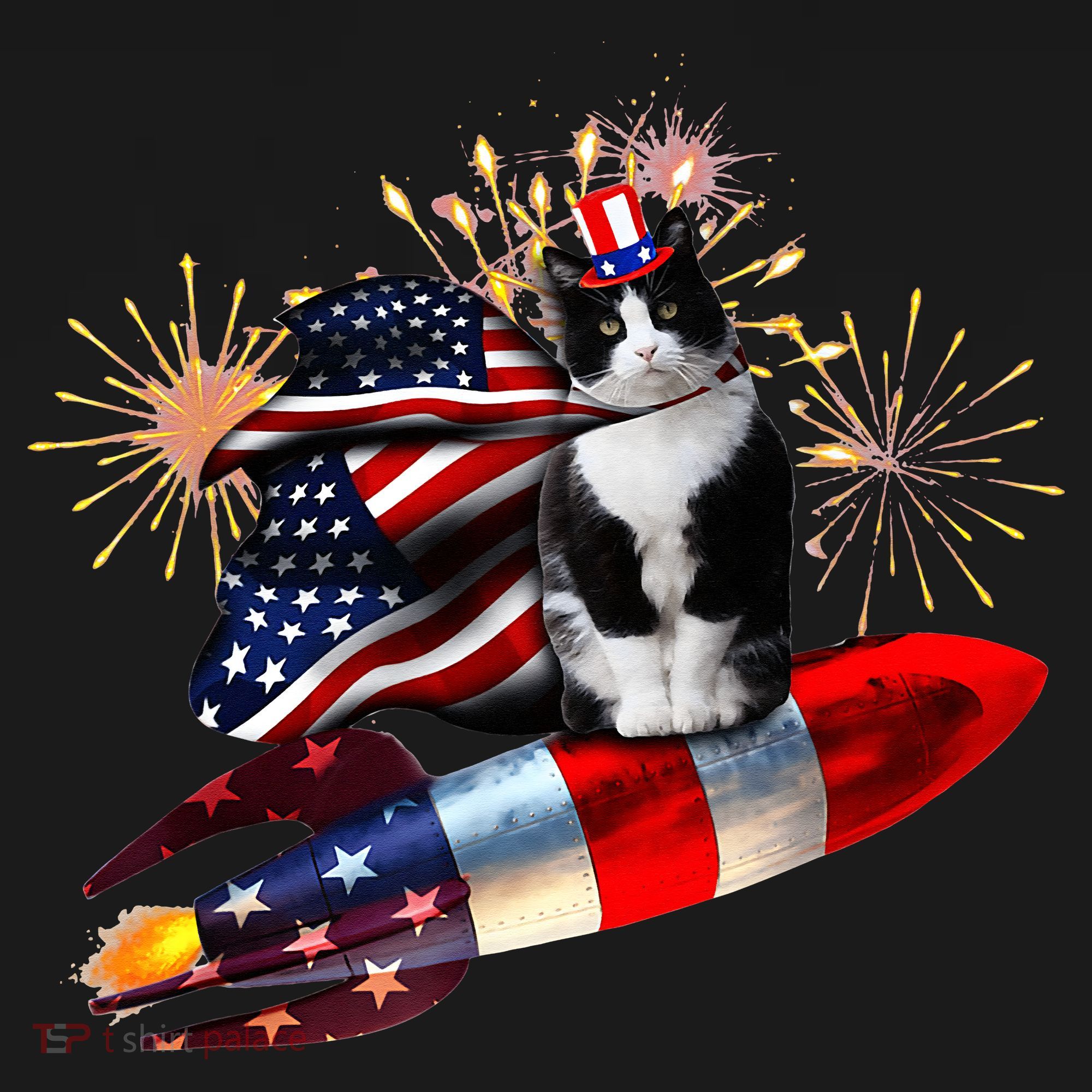 Cat Tuxedo 4th Of July Rocket With Fireworks USA Patriotic Polo