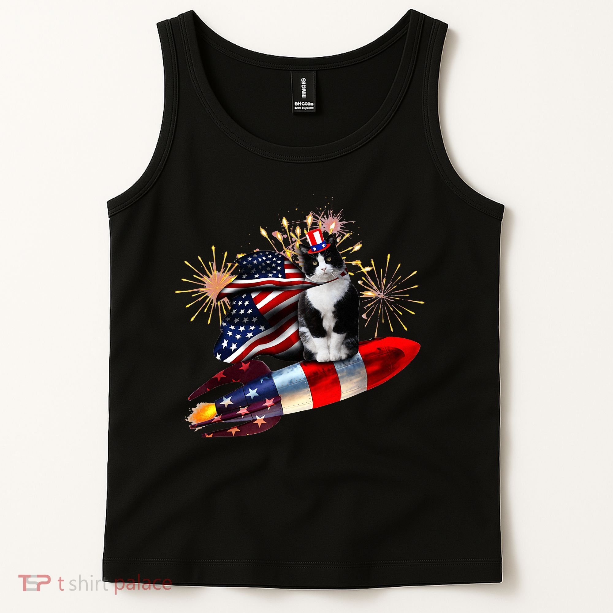 Cat Tuxedo 4th Of July Rocket With Fireworks USA Patriotic Tank Top