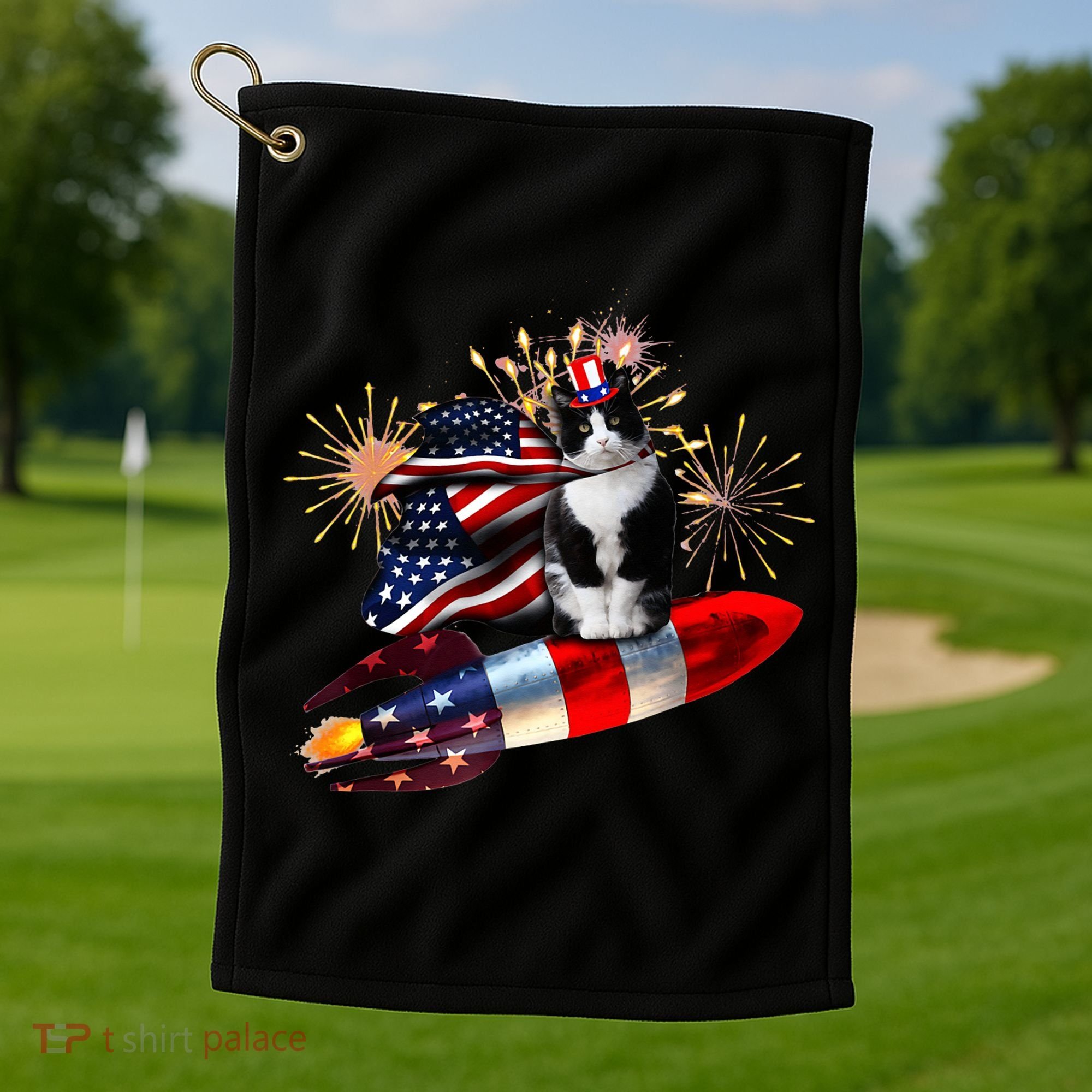 Cat Tuxedo 4th Of July Rocket With Fireworks USA Patriotic Golf Towel