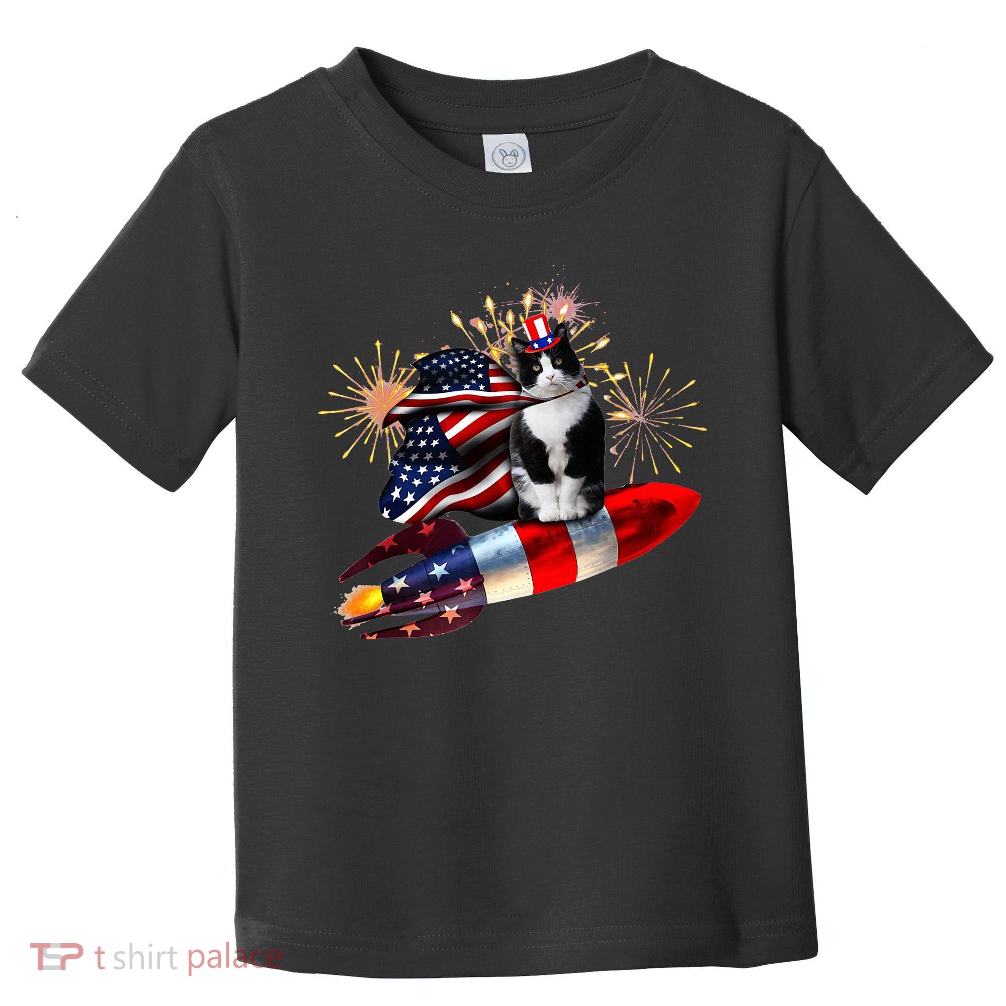 Cat Tuxedo 4th Of July Rocket With Fireworks USA Patriotic Toddler T-Shirt