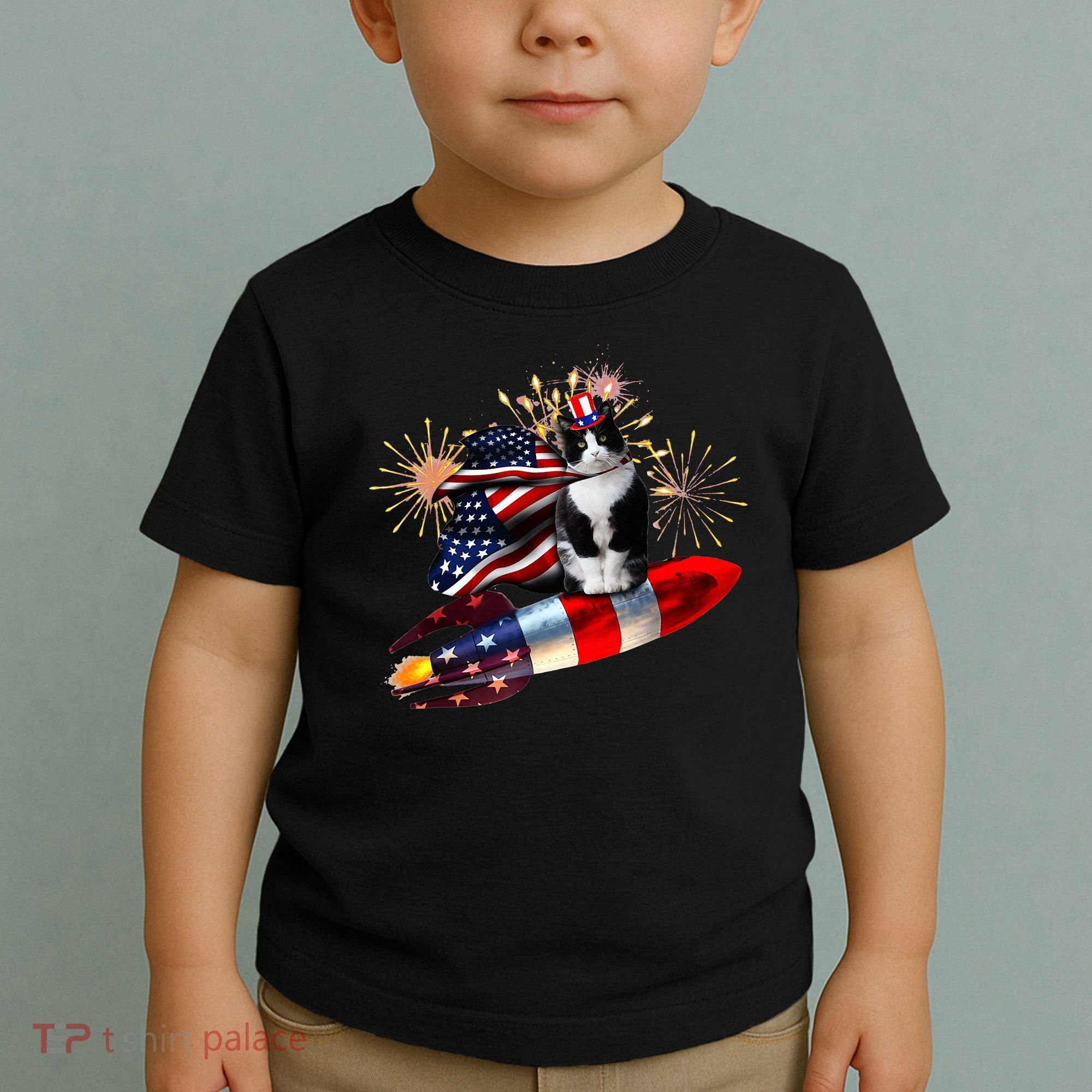 Cat Tuxedo 4th Of July Rocket With Fireworks USA Patriotic Toddler T-Shirt