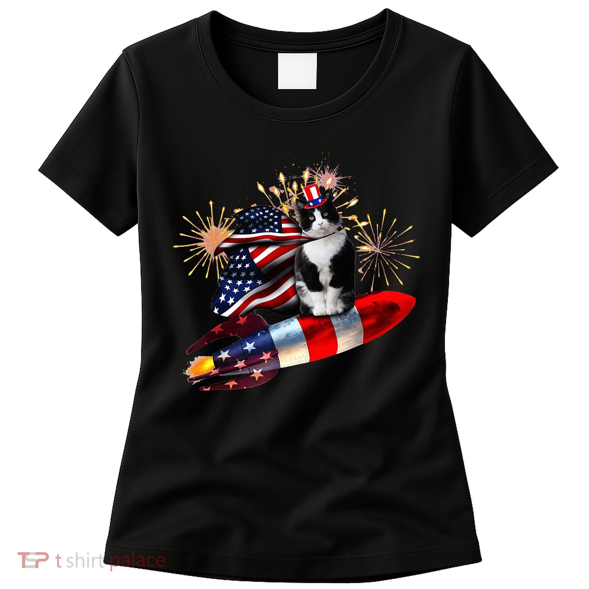Cat Tuxedo 4th Of July Rocket With Fireworks USA Patriotic Women's T-Shirt