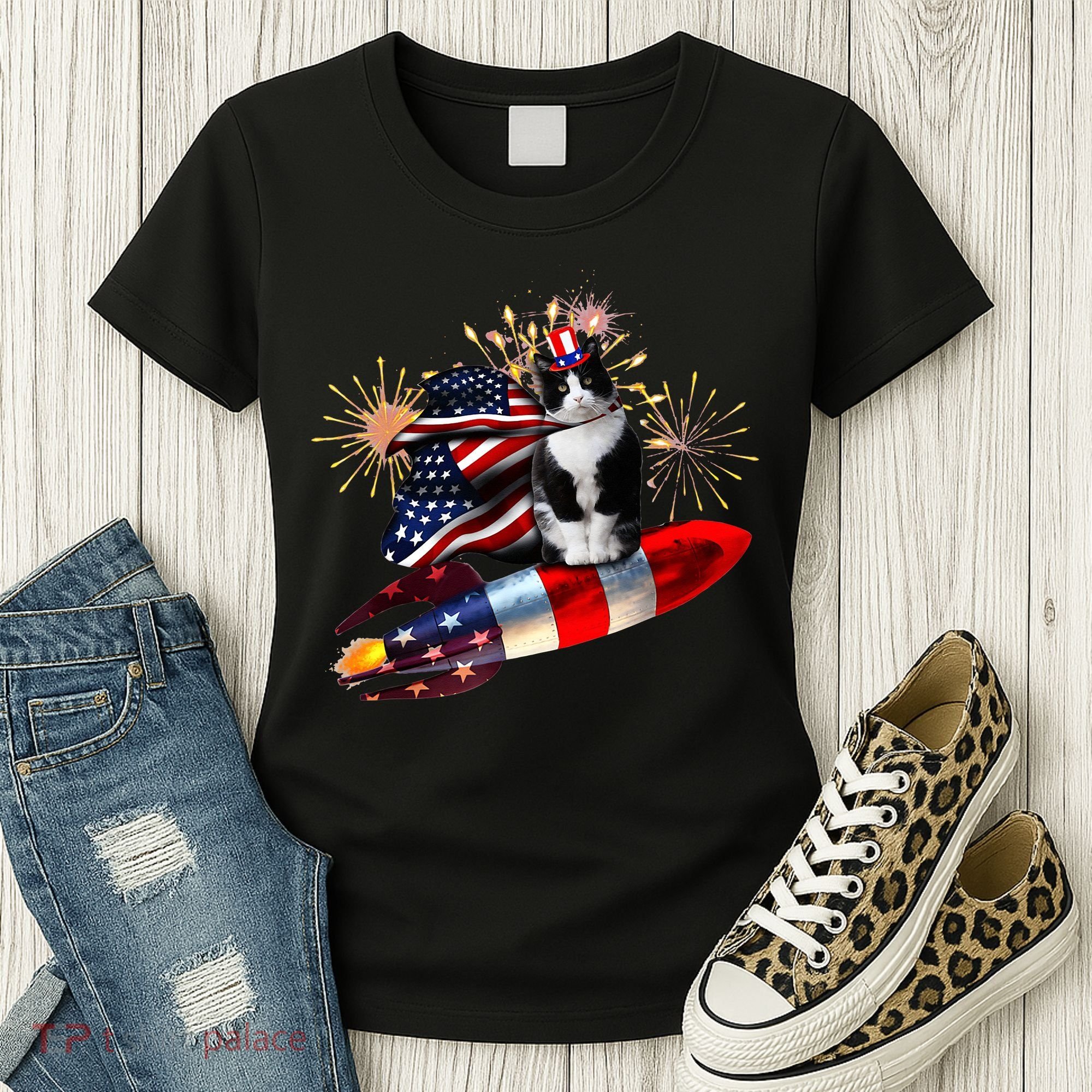 Cat Tuxedo 4th Of July Rocket With Fireworks USA Patriotic Women's T-Shirt