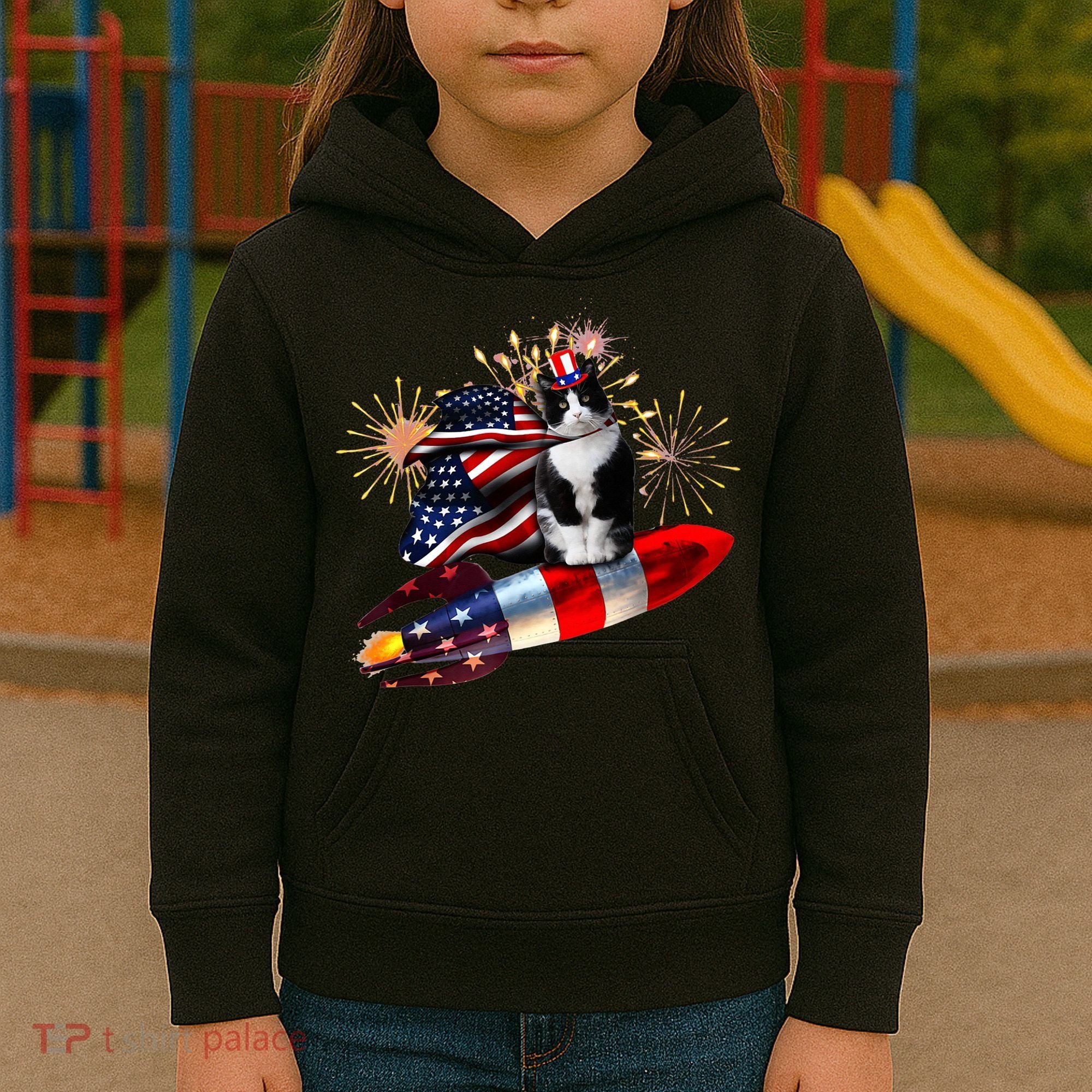 Cat Tuxedo 4th Of July Rocket With Fireworks USA Patriotic Kids Hoodie