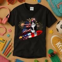 Cat Tuxedo 4th Of July Rocket With Fireworks USA Patriotic Kids T-Shirt thumb 3