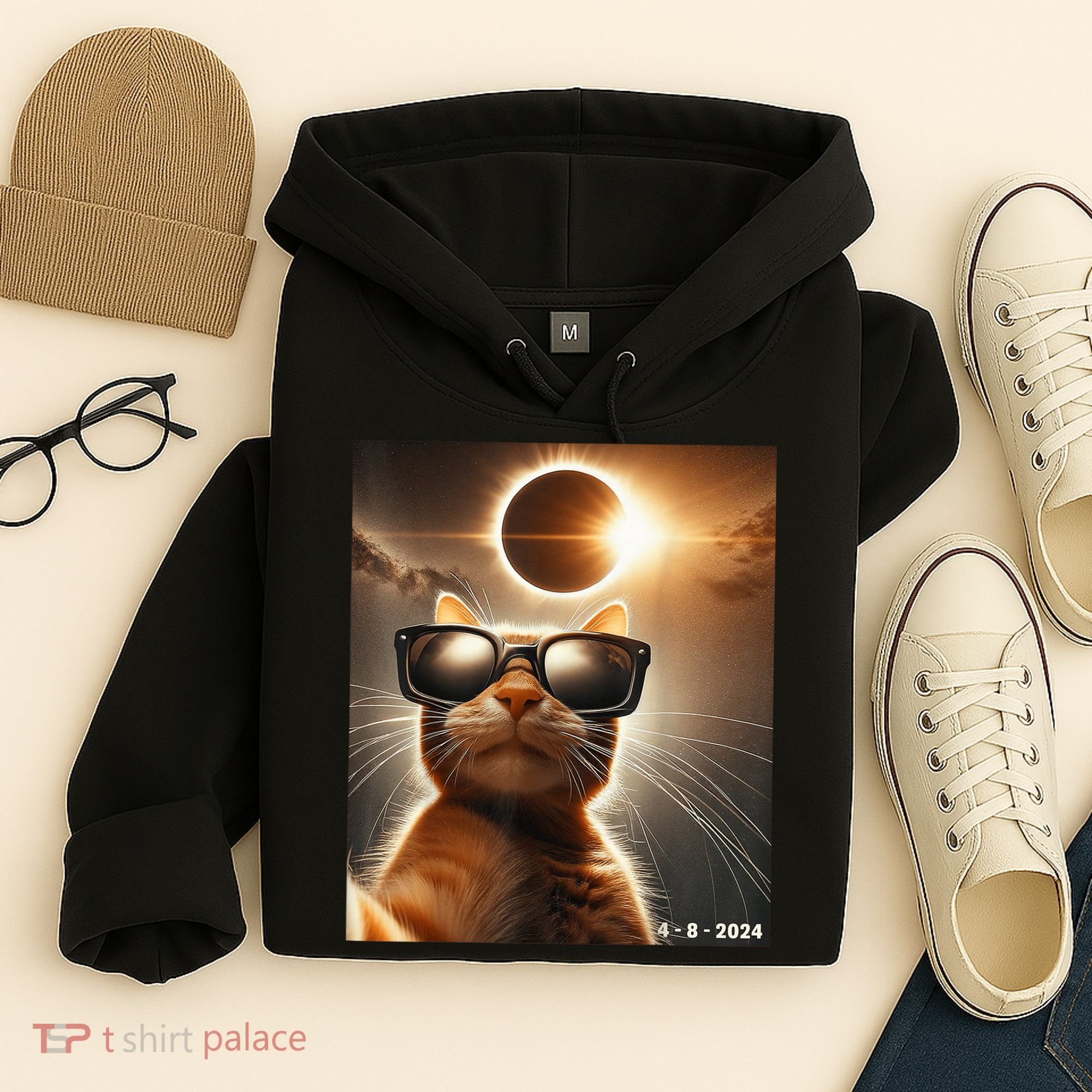 Cat Taking A Selfie With Solar 2024 Eclipse Wearing Glasses Hoodie