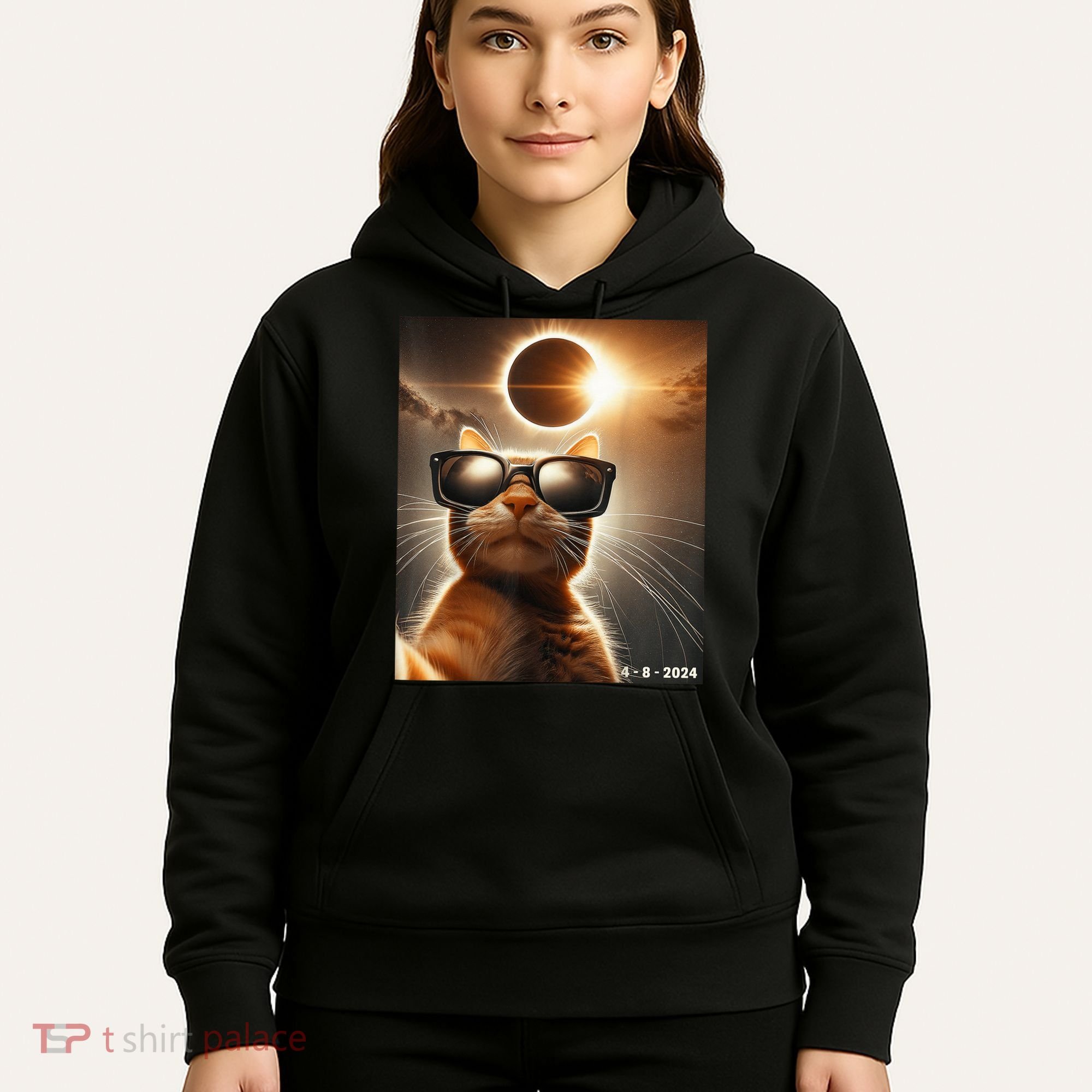 Cat Taking A Selfie With Solar 2024 Eclipse Wearing Glasses Hoodie