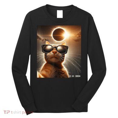 Cat Taking A Selfie With Solar 2024 Eclipse Wearing Glasses Long Sleeve Shirt