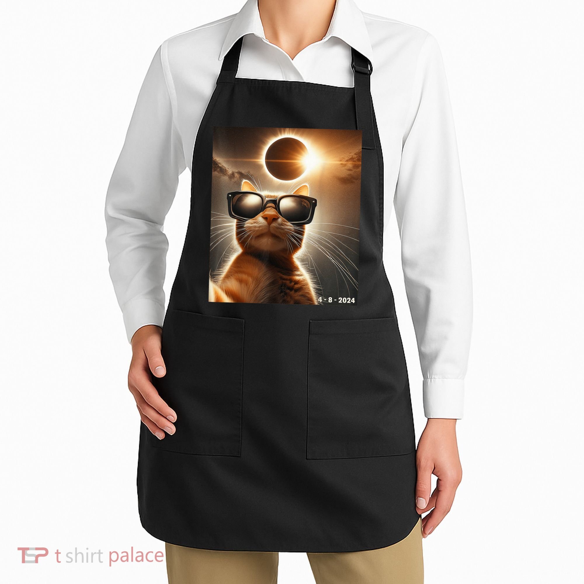 Cat Taking A Selfie With Solar 2024 Eclipse Wearing Glasses Apron