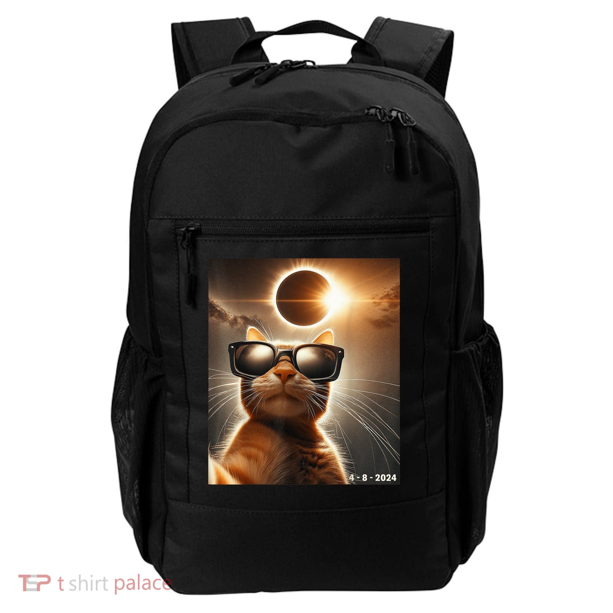 Cat Taking A Selfie With Solar 2024 Eclipse Wearing Glasses Backpack