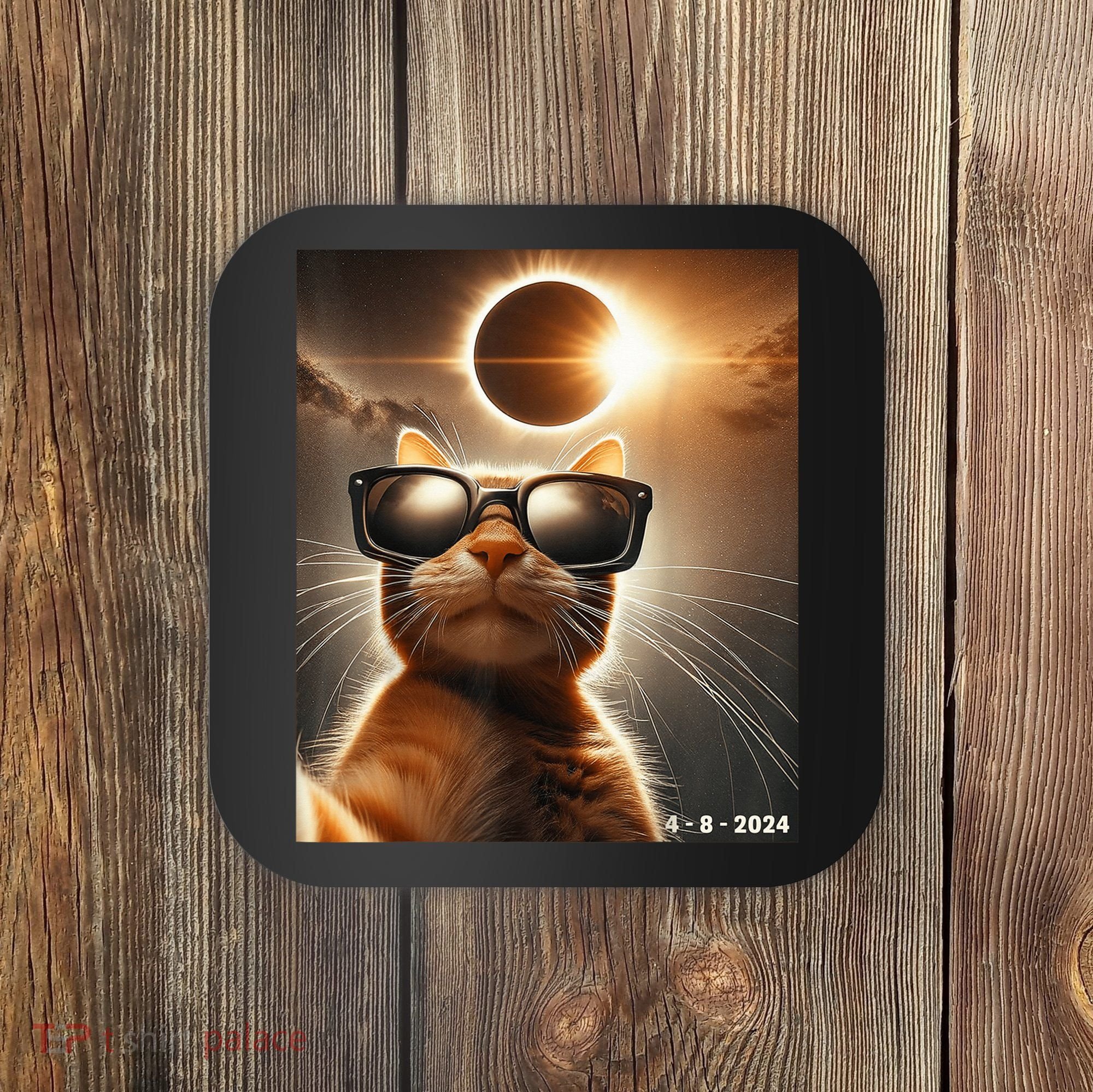 Cat Taking A Selfie With Solar 2024 Eclipse Wearing Glasses Coaster