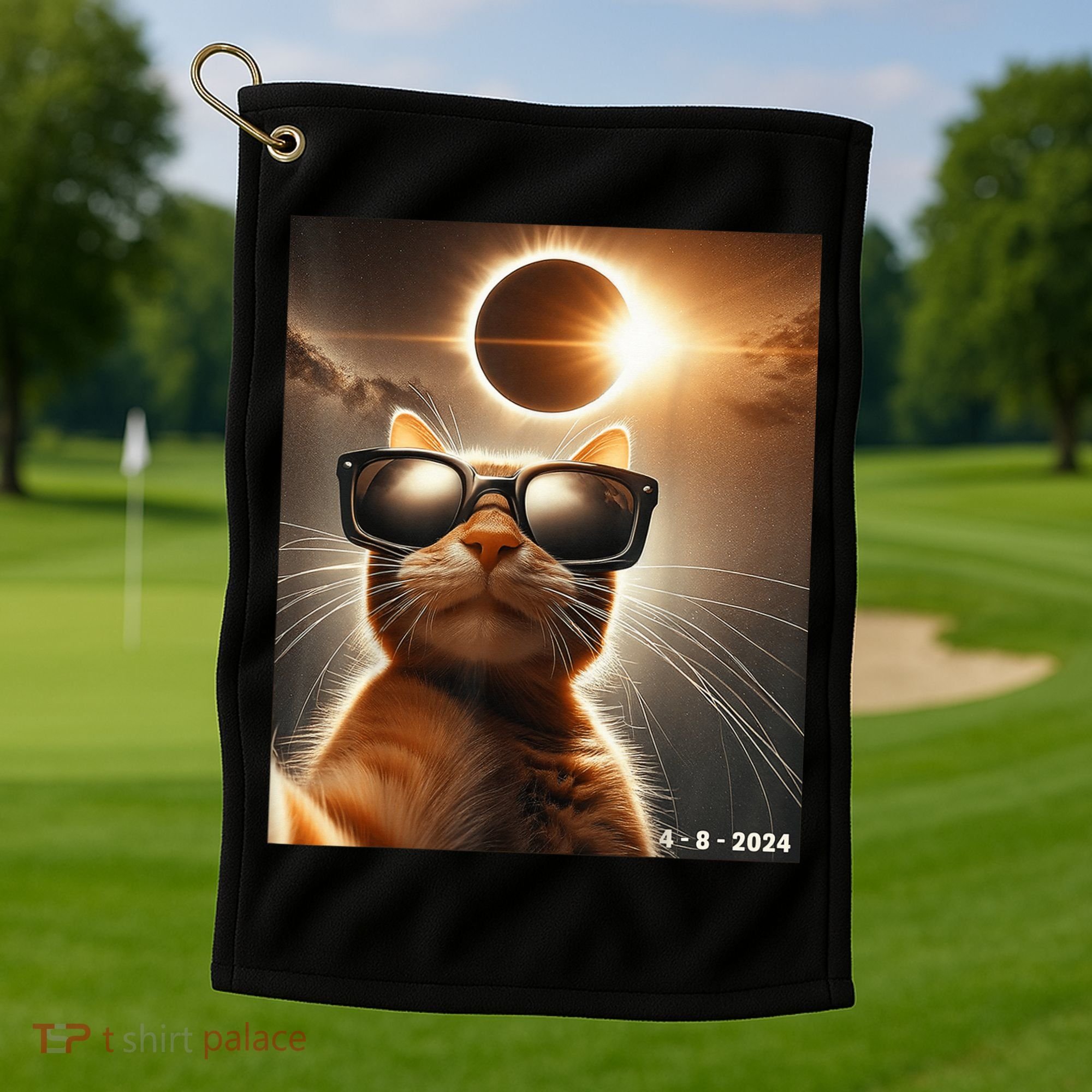 Cat Taking A Selfie With Solar 2024 Eclipse Wearing Glasses Golf Towel