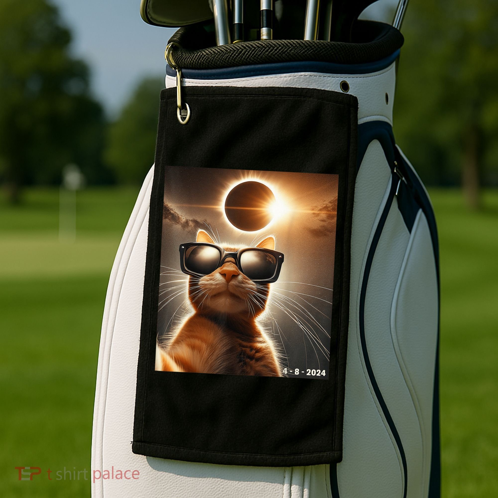 Cat Taking A Selfie With Solar 2024 Eclipse Wearing Glasses Golf Towel