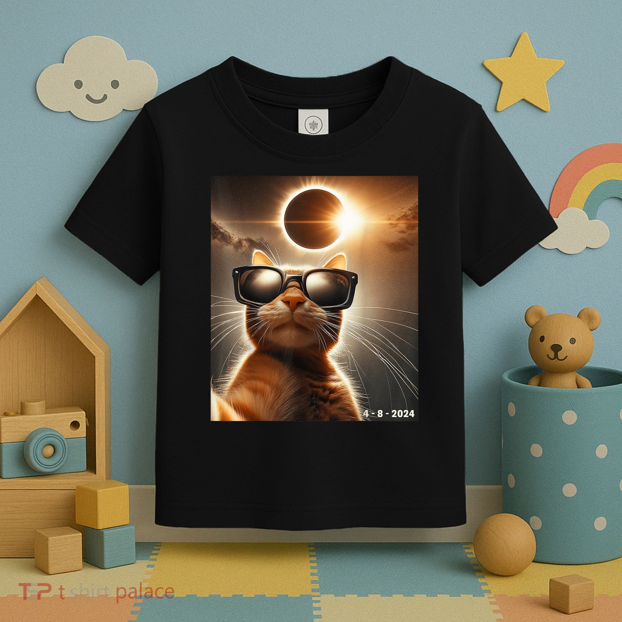 Cat Taking A Selfie With Solar 2024 Eclipse Wearing Glasses Toddler T-Shirt